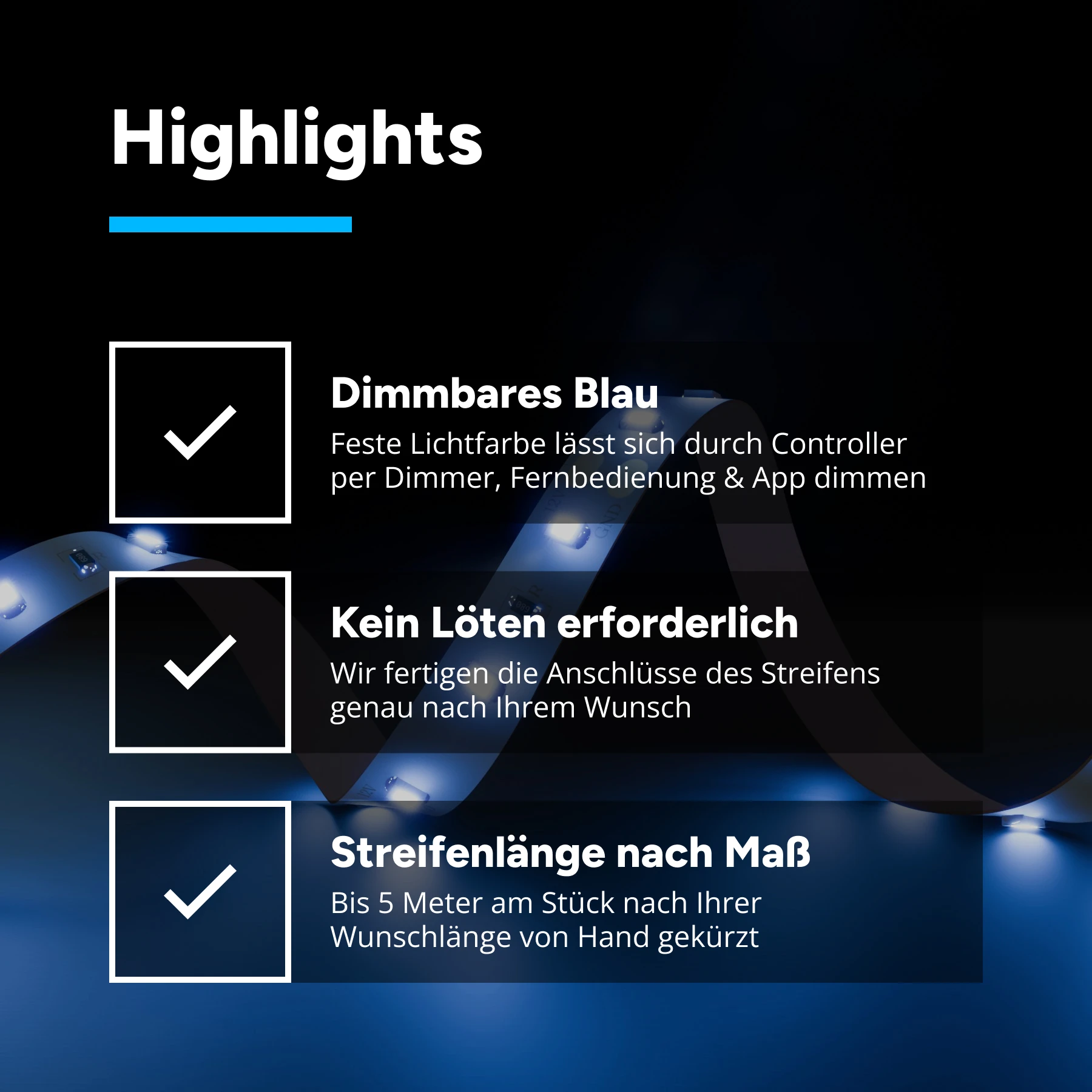 LED Streifen flexibel - LED-Strip 12V blau - je 5cm 3 LEDs - ohne Steckerbuchsen - Löten erforderlich - kein Anschlußkabel zum Netzteil - 5cm mit 3 SMD LEDs