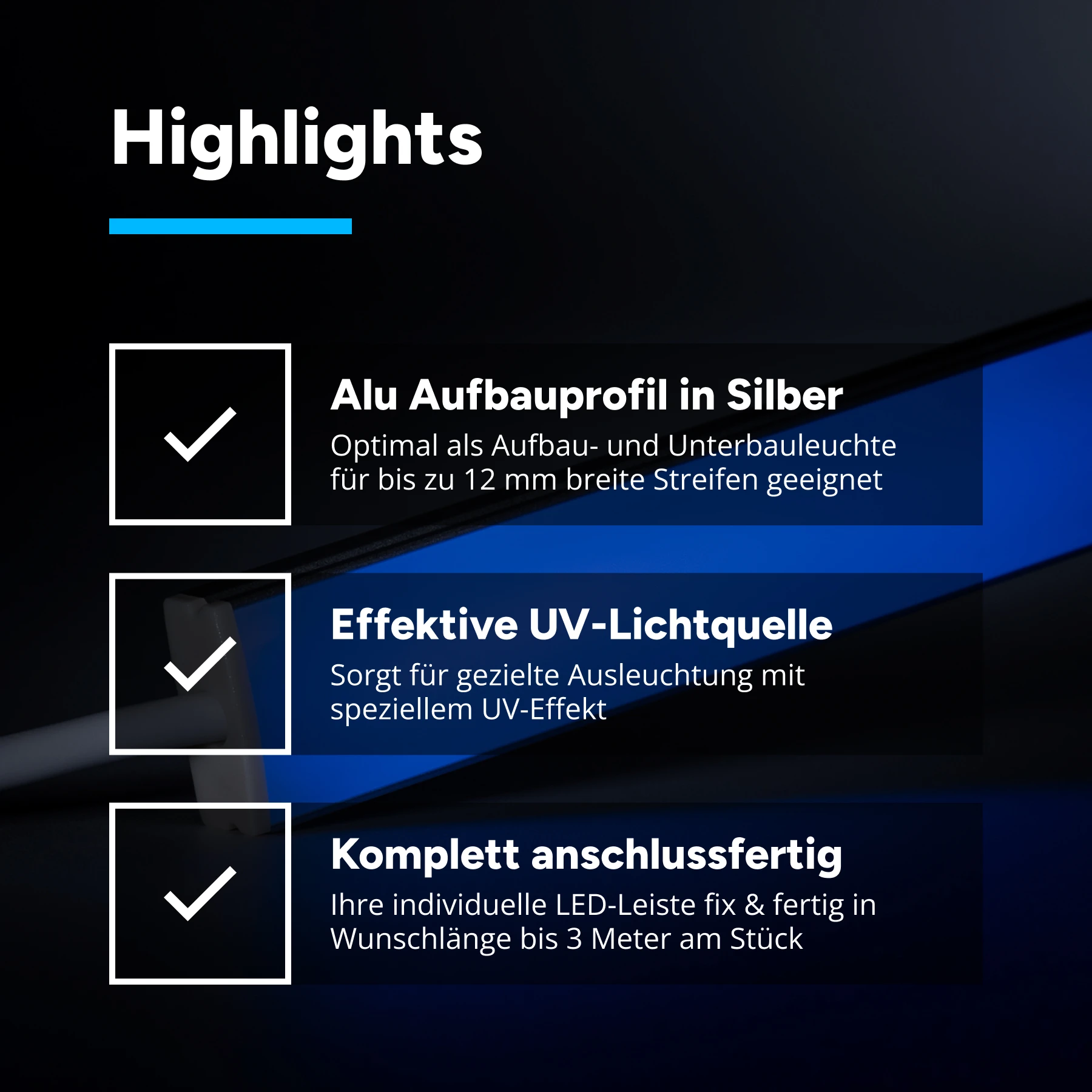 24V Slim-Line Aluminium LED Leiste - UV - diffuse Abdeckung - 33cm - 72 LEDs - 6 Watt - kein Anschlußkabel zum Netzteil - mit Ausgangskabel ( zum Anschluss einer weiteren LED- Leiste )
