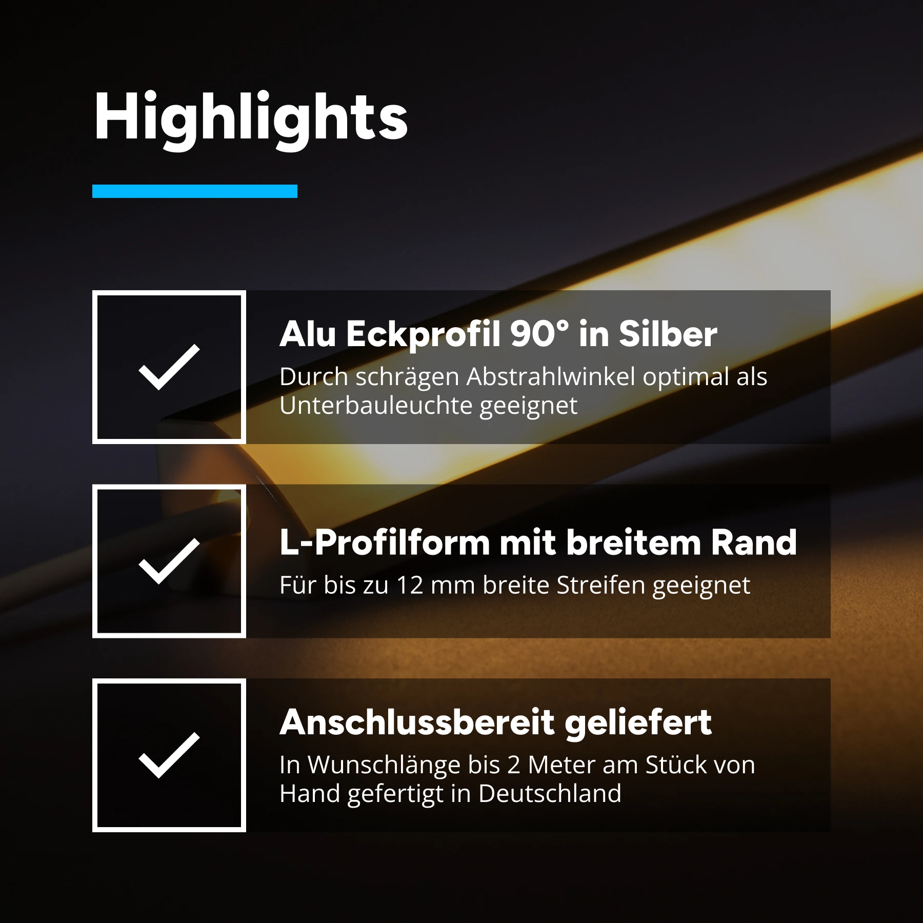 12V Aluminium LED Eckleiste - High Power - warmweiß - diffuse Abdeckung - 33cm - 36 High Power LEDs - 5,7 Watt - 854 Lumen - kein Anschlußkabel zum Netzteil - mit Ausgangskabel ( zum Anschluss einer weiteren LED- Leiste )