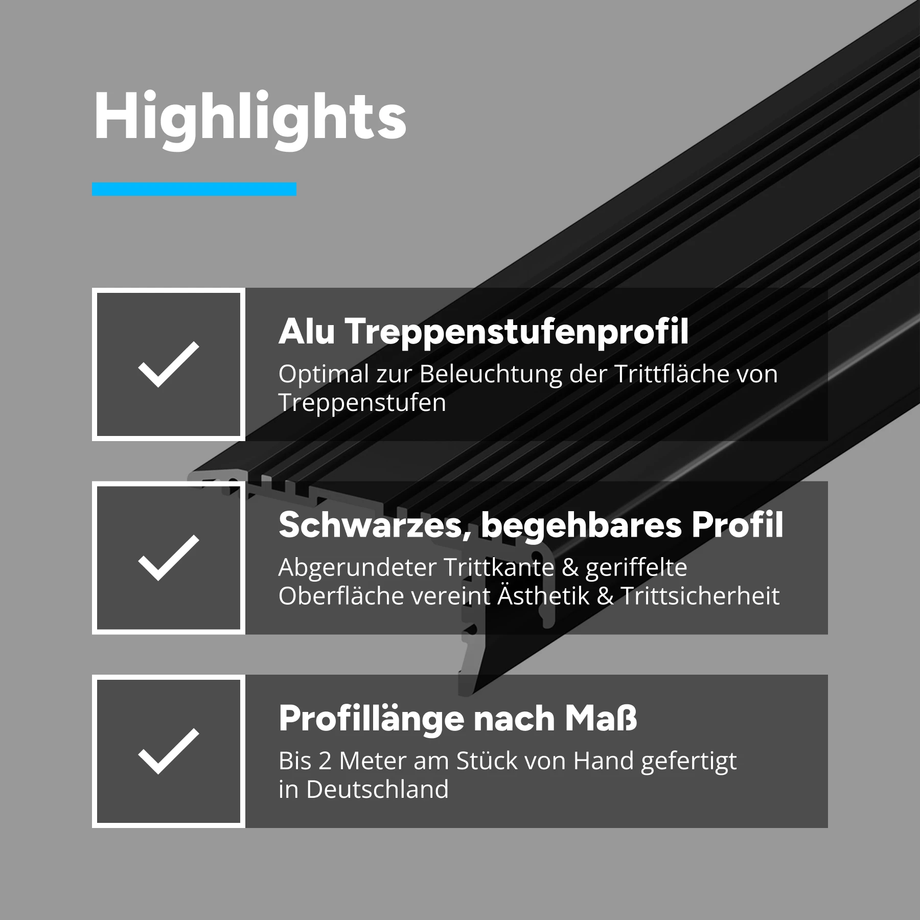 schwarzes Aluminium LED Treppen Profil, P12-2, 5,4 x 2,39 x 50cm - ohne Abdeckung - 2er Set - beidseitig ohne Loch