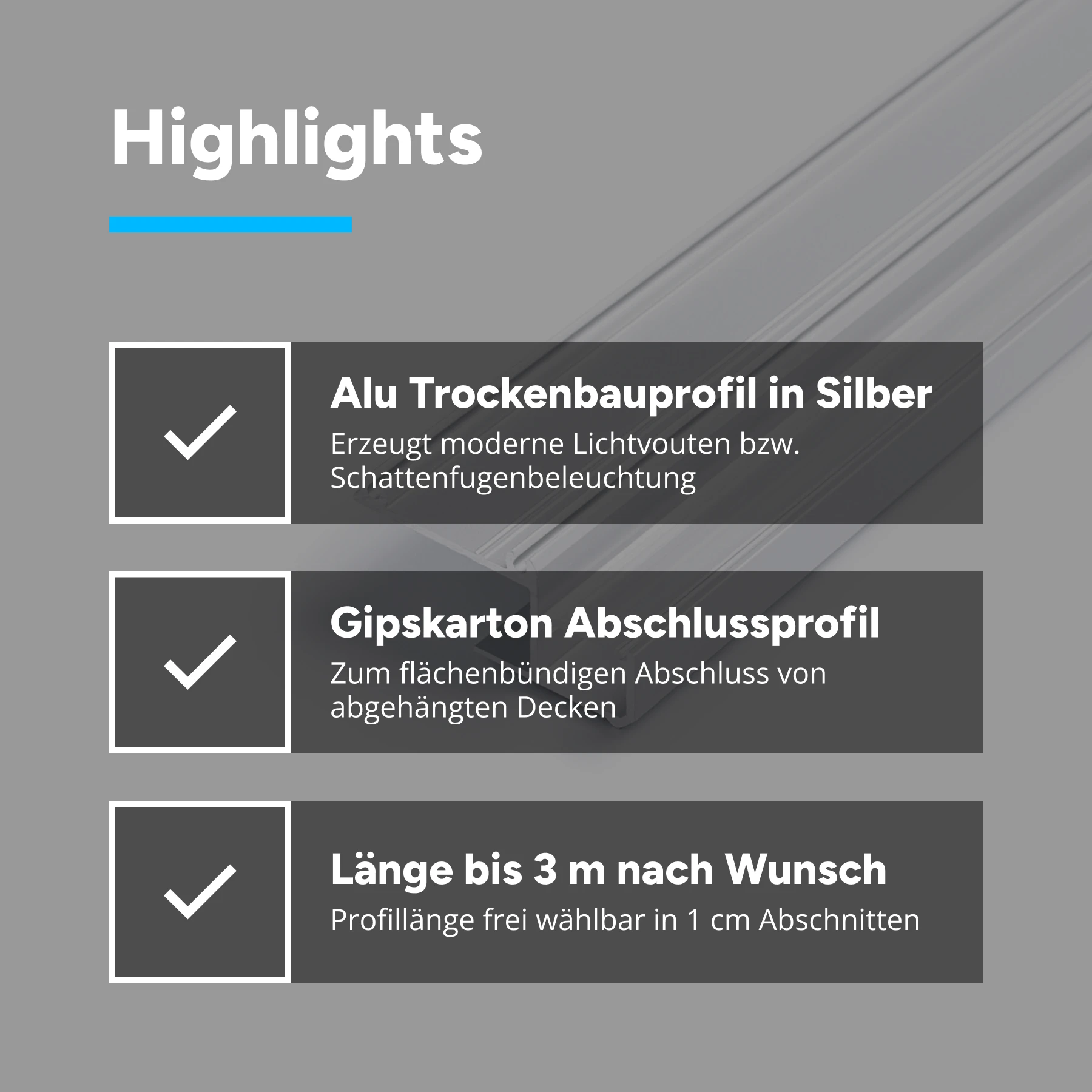Aluminium LED Trockenbau Abschluss Profil, indirekt, 4,41 x 2,04 x 15cm - ohne Abdeckung