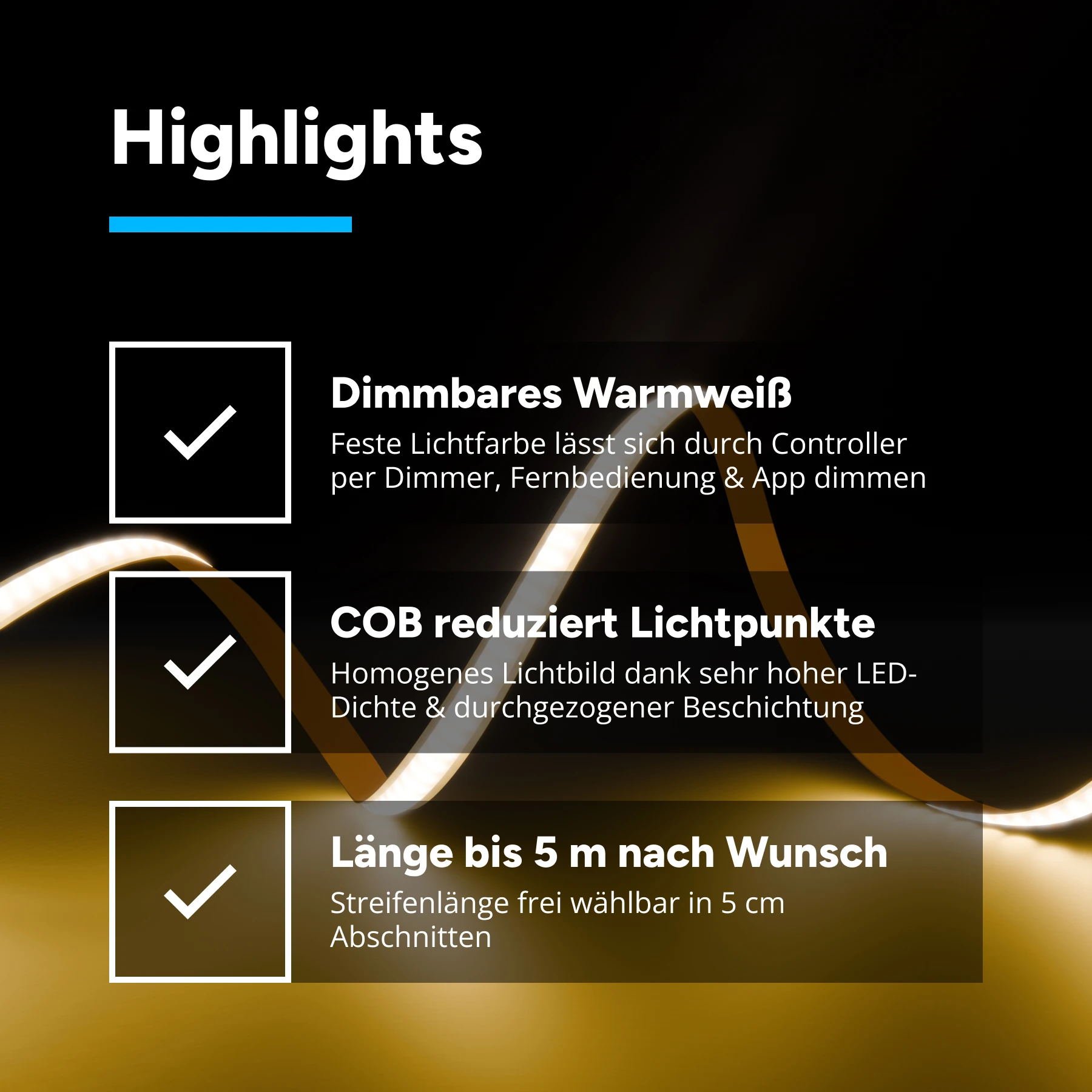 24V COB LED Streifen –  warmweiß – alle 5cm teilbar - 5 mm breit 5cm mit 24 LEDs - 3 Watt - 100 Lumen_ohne Anschlusskabel_ohne Verbindungskabel