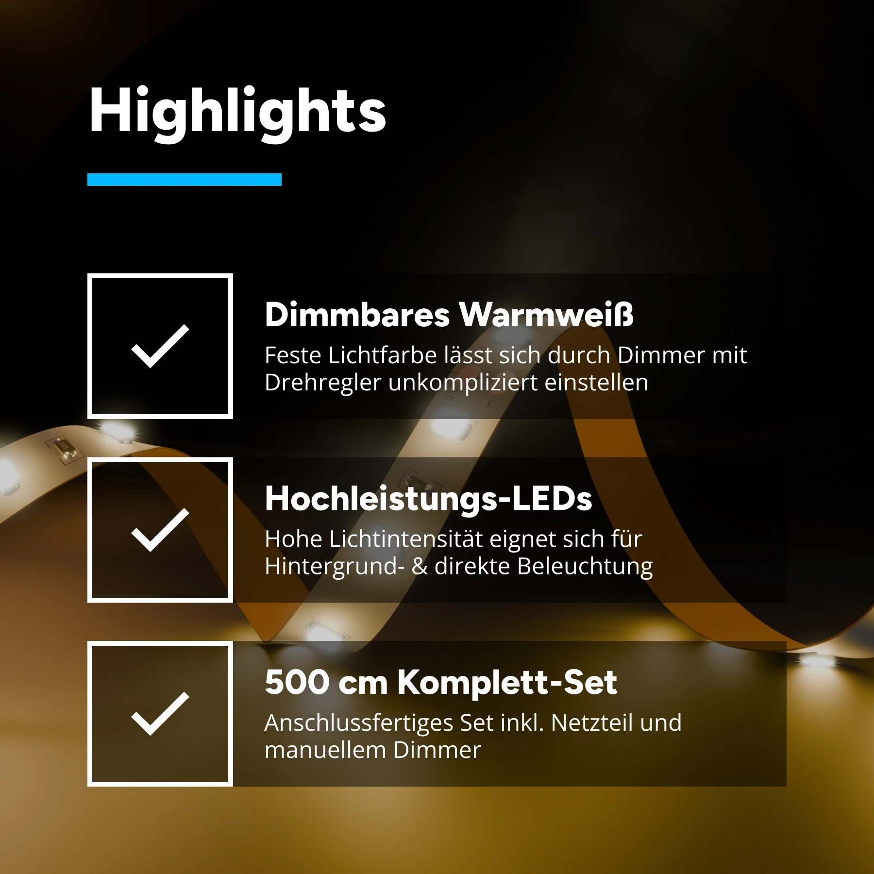 12V  SET – warmweiß – 5m LED Streifen  incl. Netzteil und Dimmer