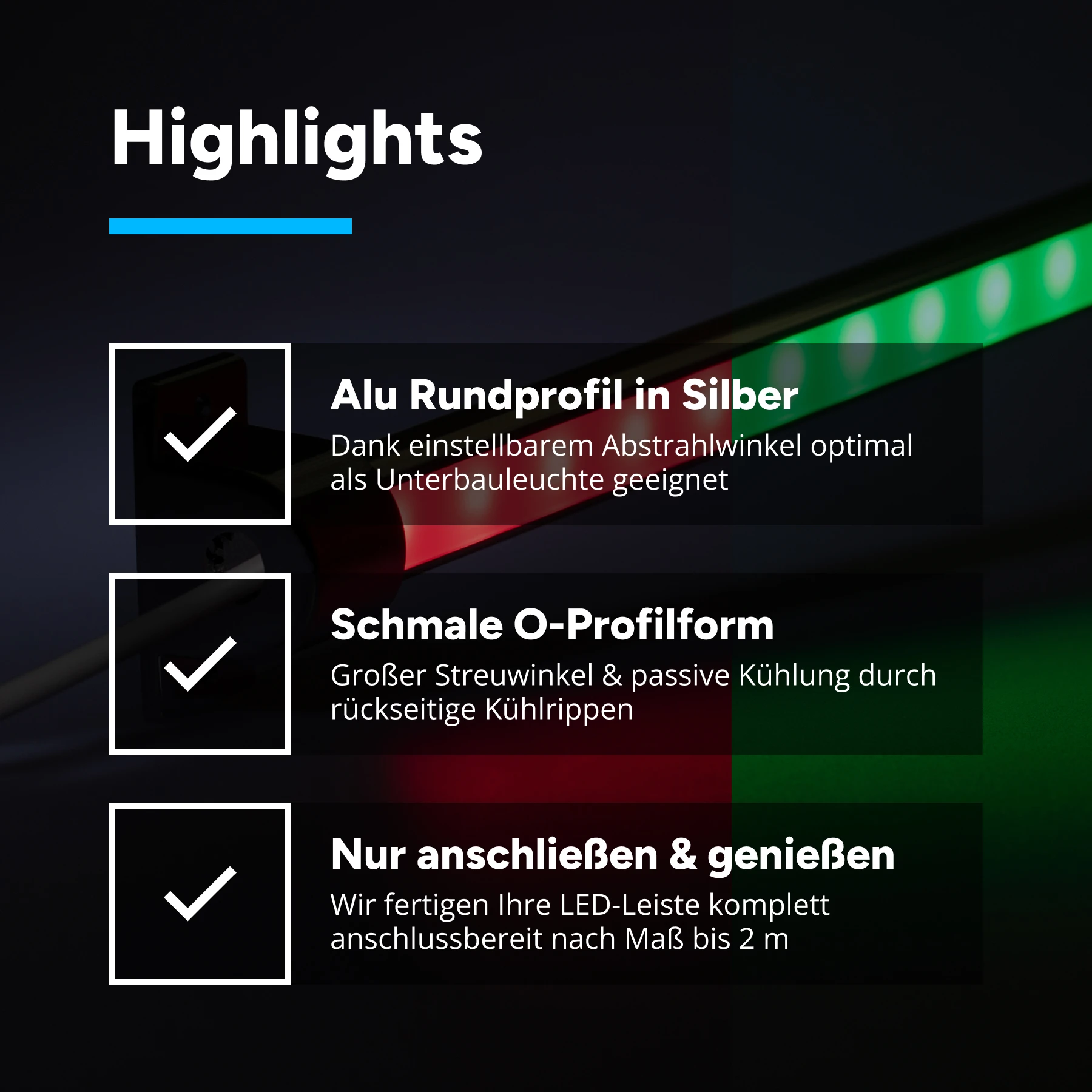 24V  Aluminium LED Leiste - einstellbare Abstrahlrichtung – RGB – diffuse Abdeckung - 33 cm mit 21 SMD LEDs - 4 Watt - 210 Lumen