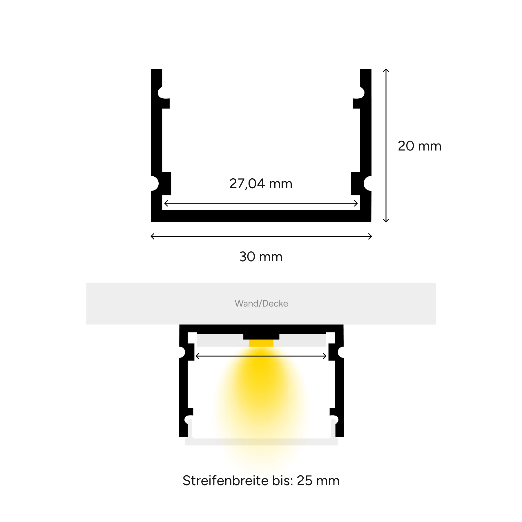 Aluminium LED Aufputz Profil, Classic Maxi, 3,0 x 2,0 x 200cm - mit diffuser Abdeckung - 2er Set - beidseitig mit Loch