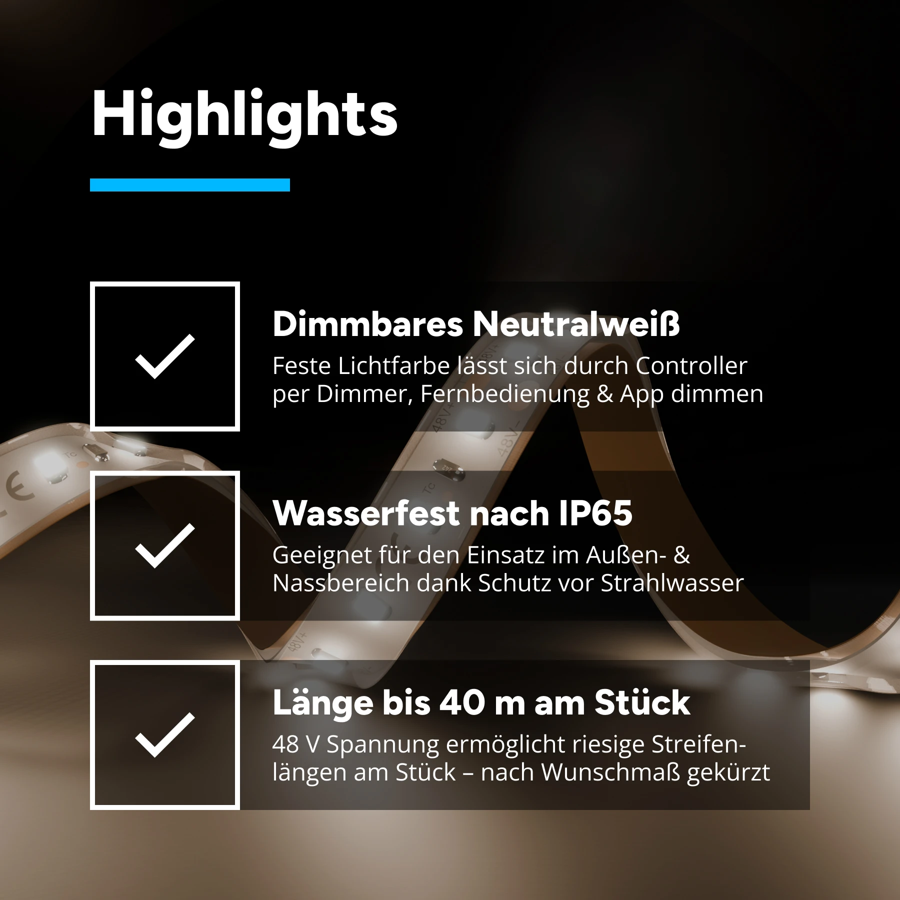 48V wasserfester LED Streifen - neutralweiß - IP65 - 80 LEDs je Meter - alle 5cm teilbar - 25cm - 20 LEDs - 1,5 Watt - 125 Lumen - 100cm Eingangskabel mit offenen Enden