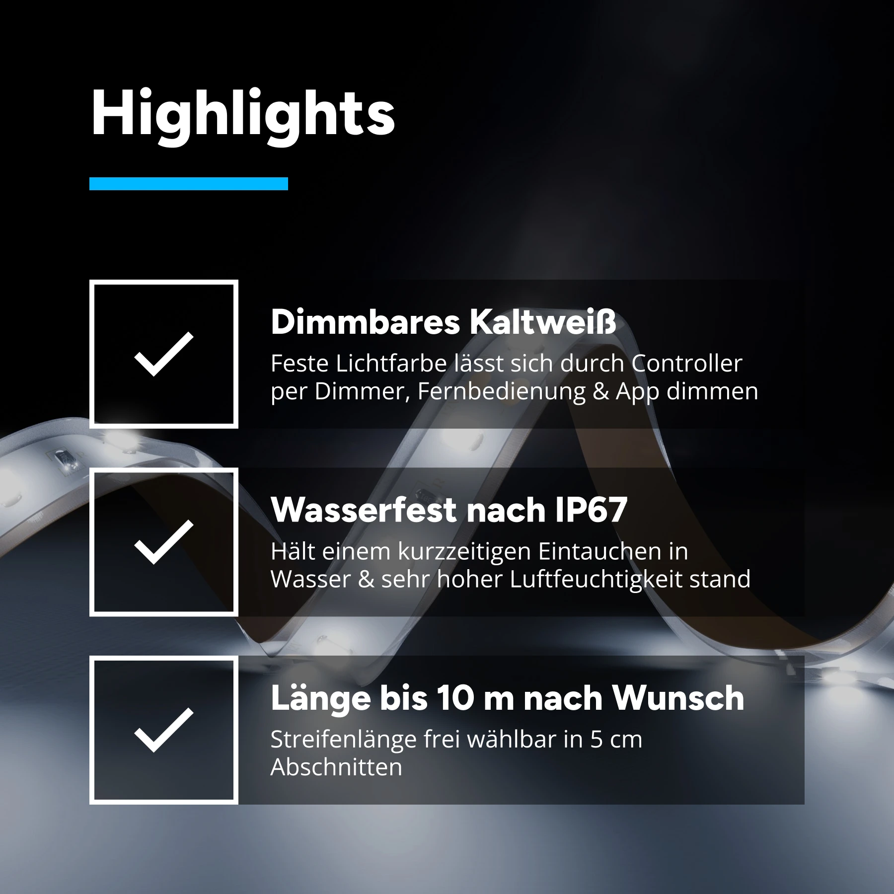 12V wasserfester LED Streifen - Weiß - IP67 - 60 LEDs je Meter - alle 5cm teilbar - 765cm - 459 LED Chips - 110,2 Watt - 7344 Lumen - 15cm Eingangskabel mit offenen Enden