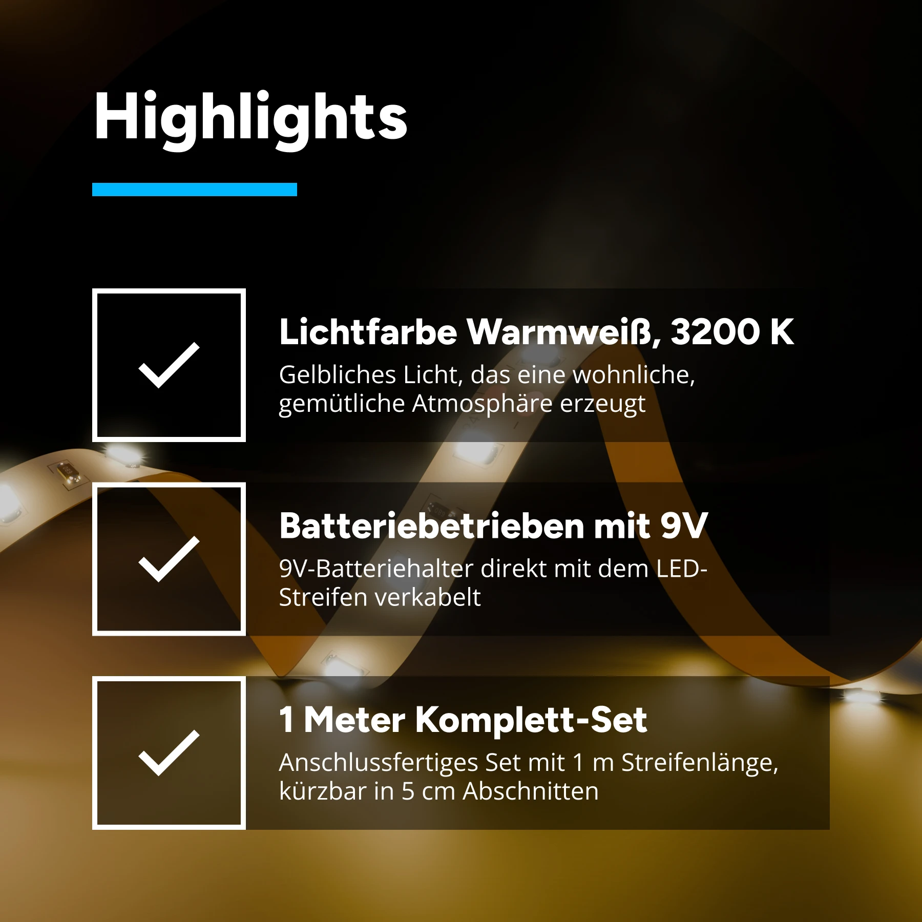 Batteriebetriebenes LED Streifen Set, Lichtfarbe Warmweiß, 9V Block