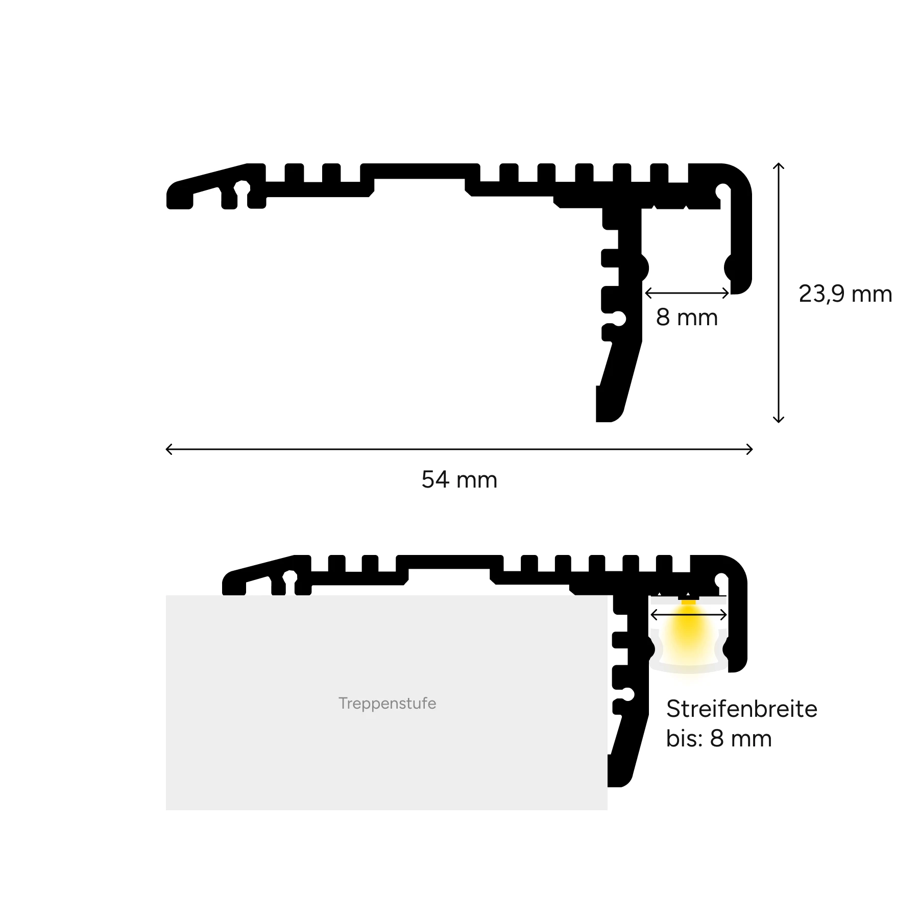 schwarzes Aluminium LED Treppen Profil, P12-2, 5,4 x 2,39 x 50cm - ohne Abdeckung - 2er Set - beidseitig ohne Loch