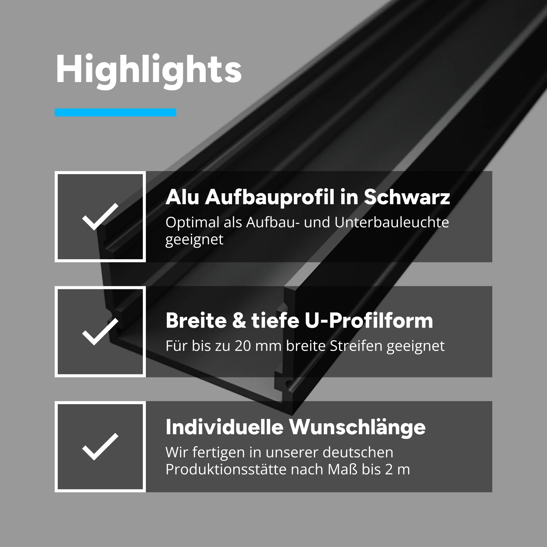 schwarzes Aluminium LED Aufputz Profil, Classic Maxi, 3,0 x 2,0 x 15cm - ohne Abdeckung - ohne Endkappen
