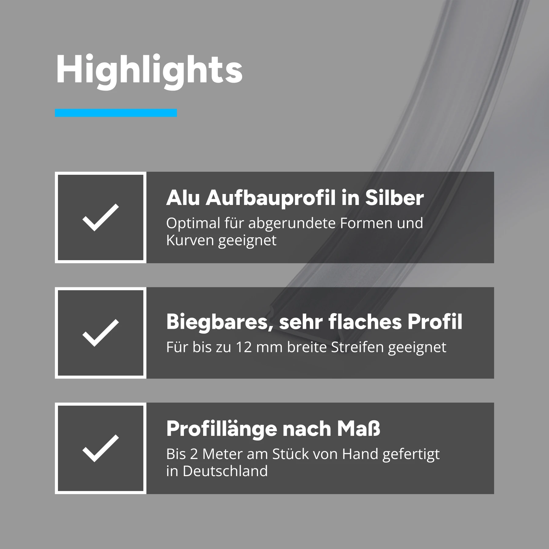 Aluminium LED Aufputz Profil, flex biegbar, 1,8 x 0,6 x 15cm - ohne Abdeckung - ohne Endkappen