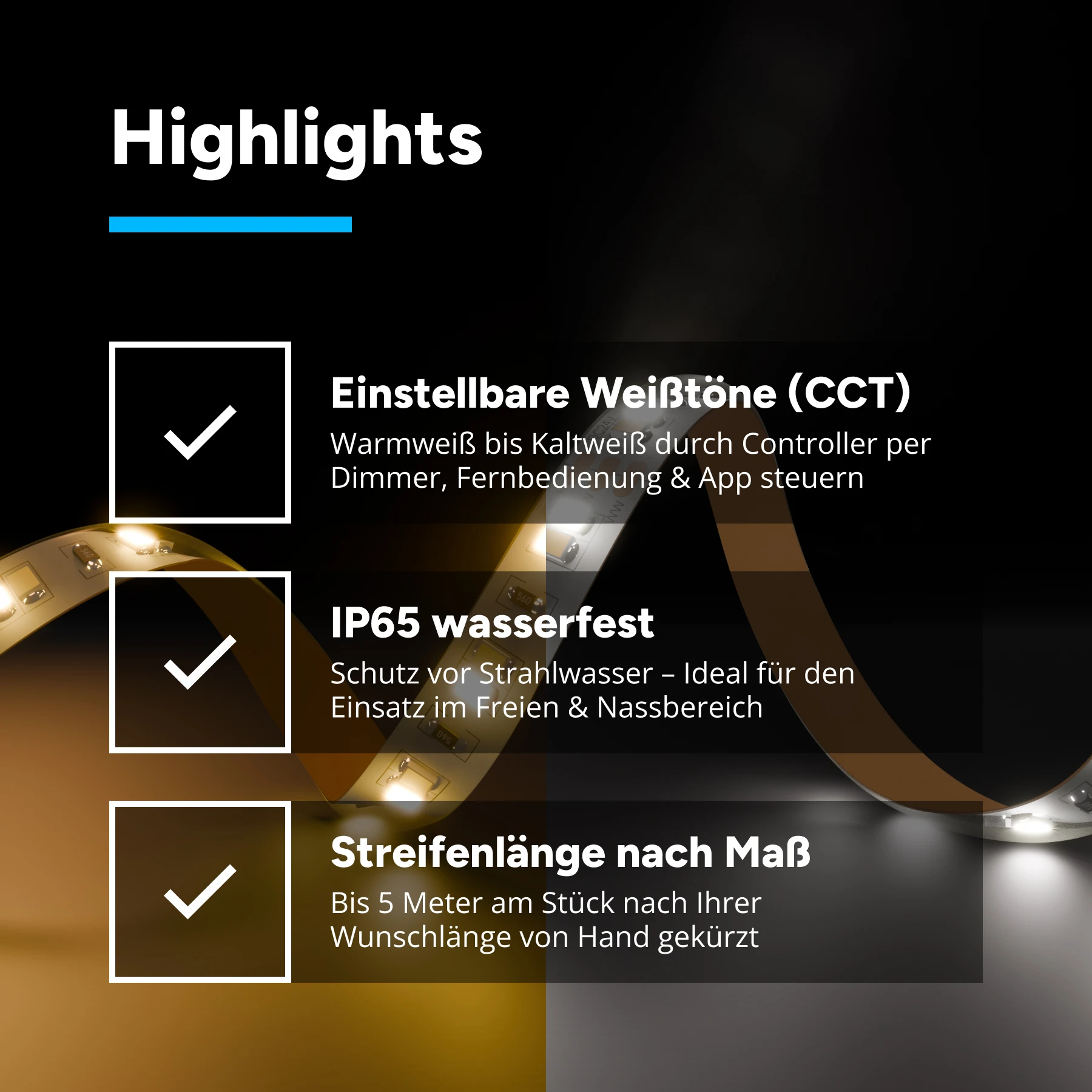 24V wasserfester LED Streifen - einstellbare Farbtemperatur - IP65 - 120 LEDs je Meter - alle 10 cm teilbar - 350cm - 420 LED Chips - 84 Watt - 6615 Lumen - 20cm Eingangskabel Plug & Play wasserfest 5polig
