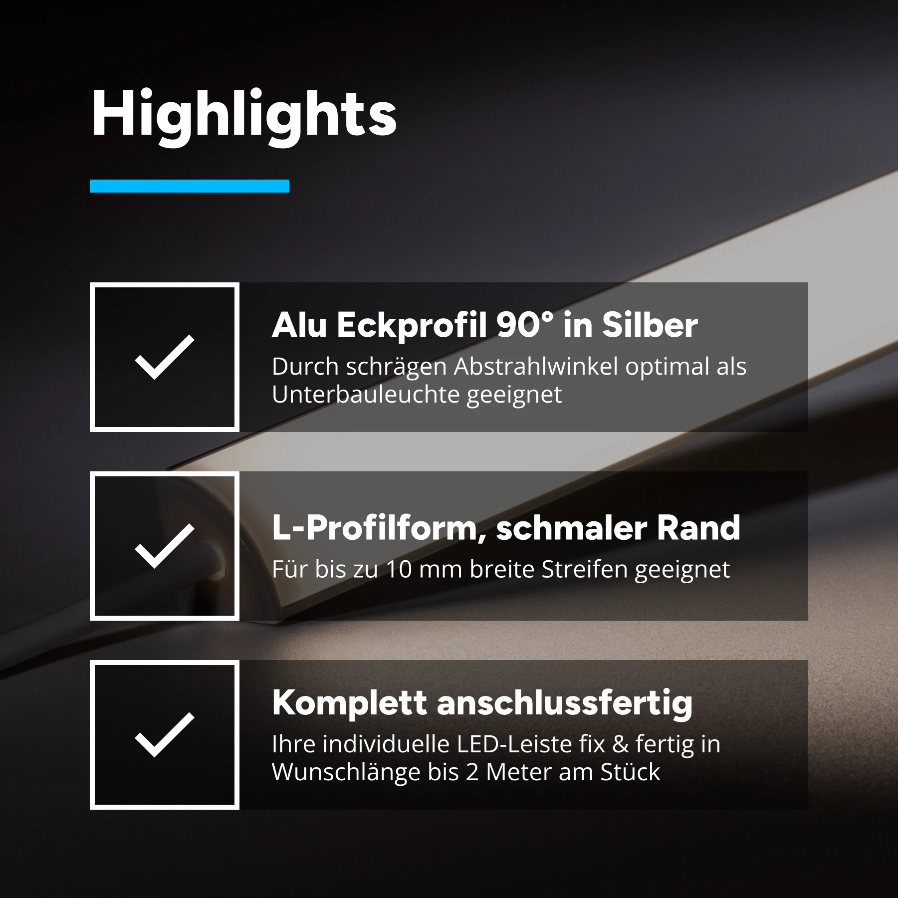 24V Aluminium LED Eck Leiste rund – neutralweiß – diffuse Abdeckung - kein Anschlußkabel zum Netzteil - 23 cm mit 28 SMD LEDs - 4 Watt 328 Lumen