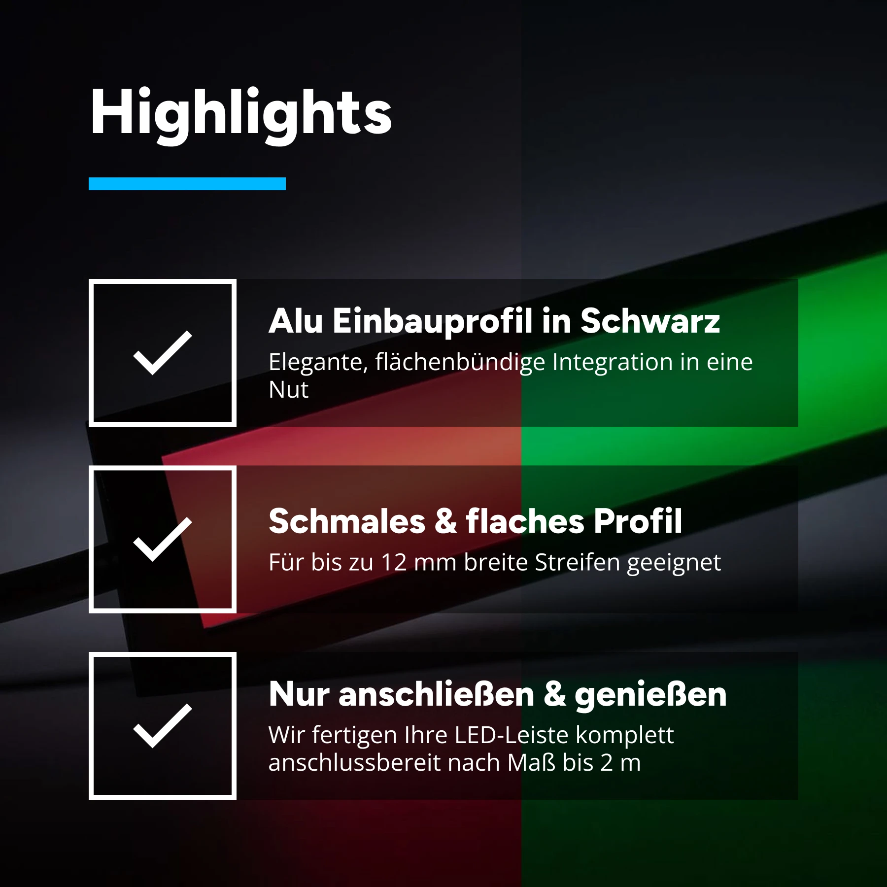 24V Black Line Einbau LED Leiste schmal - COB - RGB - diffuse Abdeckung - 33cm - 252 LED Chips - 4,5 Watt - 224 Lumen