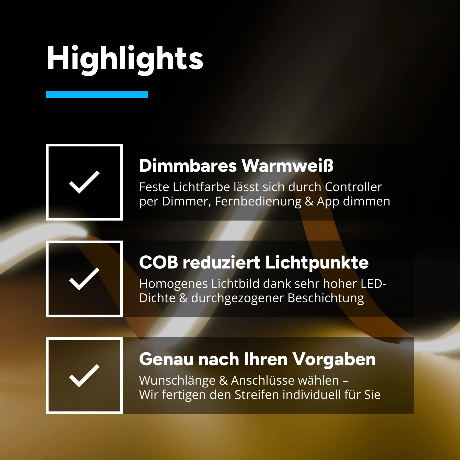 24V COB LED Streifen – warmweiß – alle 5cm teilbar - 150cm - 720 LED Chips - 18 Watt - 1800 Lumen - mit 2 Steckerbuchsen - kein Löten - kein Anschlußkabel zum Netzteil
