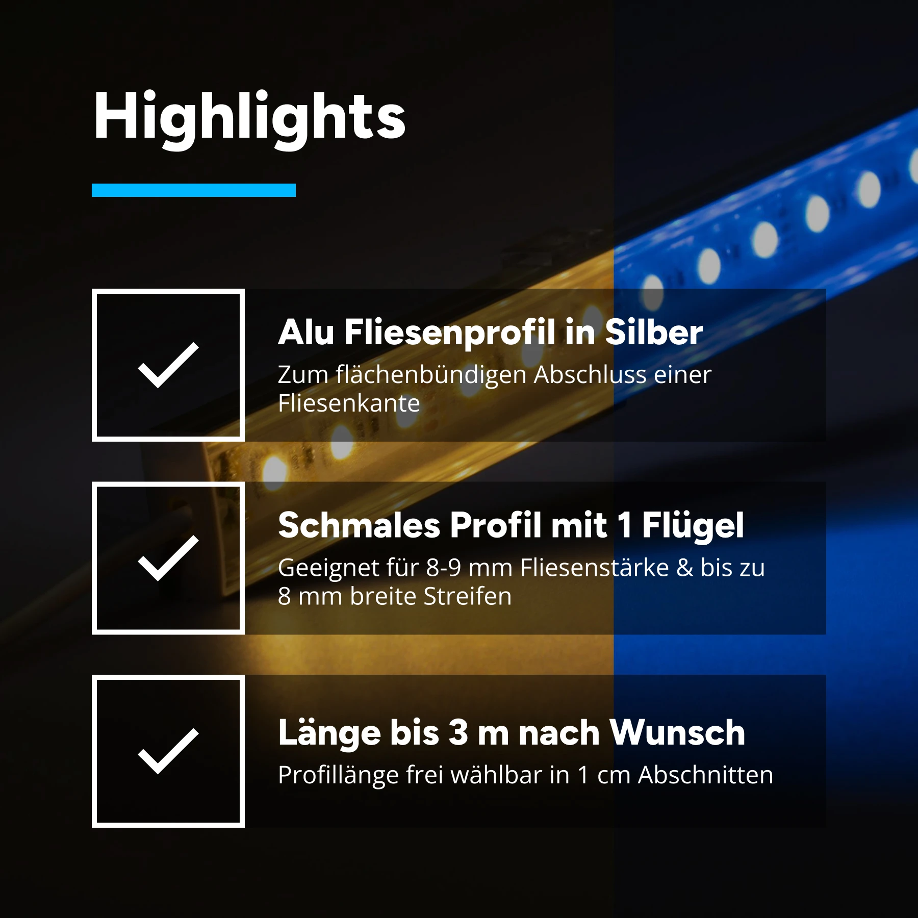 24V wasserfeste Fliesen LED Leiste - nach oben abstrahlend - COB - Warmweiß - diffus - IP65 - 33cm - 144 LED Chips - 3 Watt - 260 Lumen