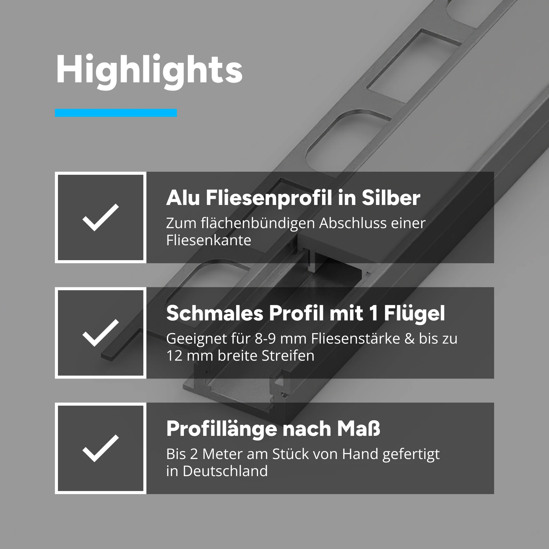 Aluminium LED Profil Fliesenabschluss, 4,1 x 1,3 x 15cm - ohne Abdeckung - ohne Endkappen