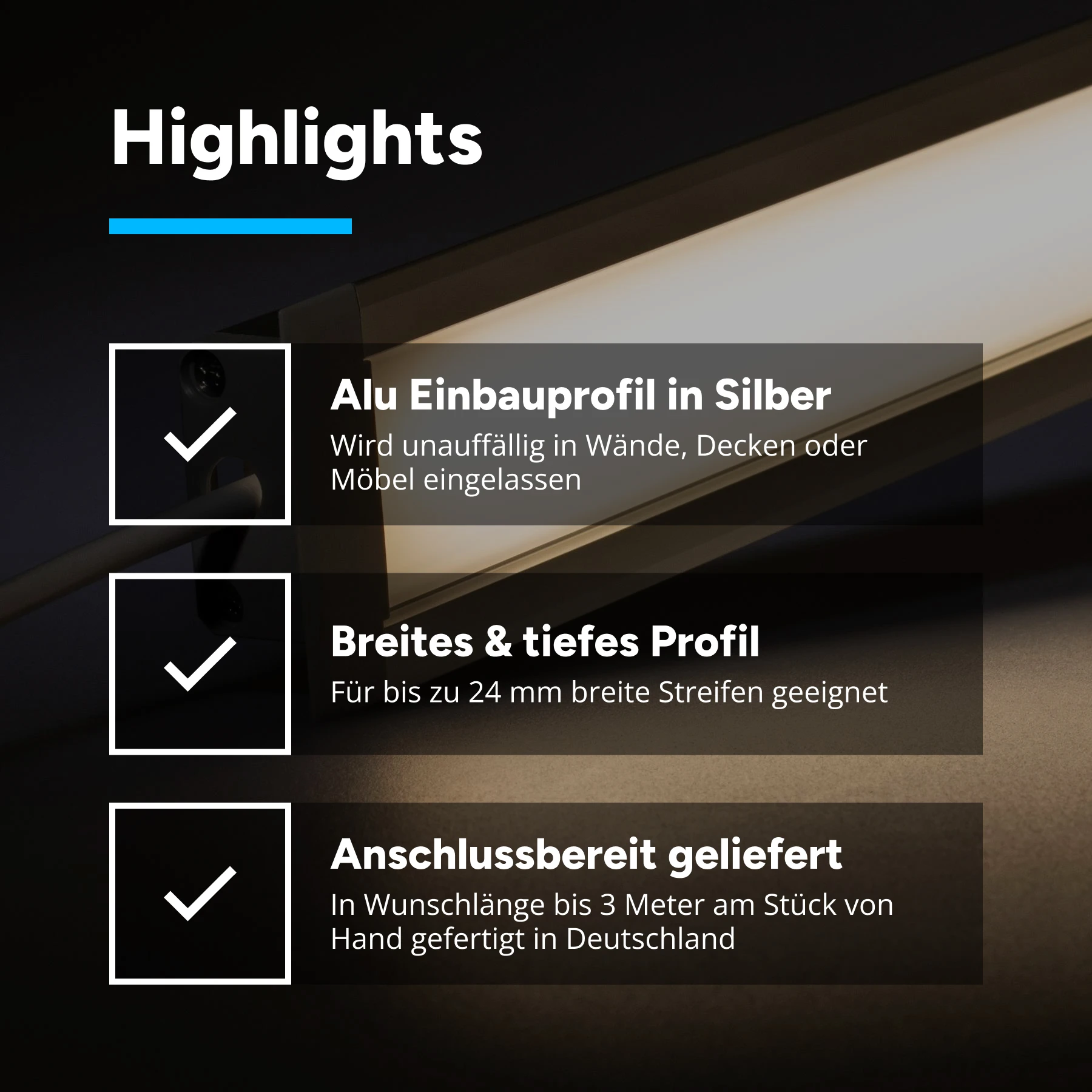 24V wasserfeste Aluminium Einbau LED Leiste - neutralweiß - diffus - IP65 - bis 3m Länge - 23cm - 28 LEDs - 4 Watt - 440 Lumen - 100cm Eingangskabel mit offenen Enden - ohne Ausgangskabel (geschlossene Endkappe)