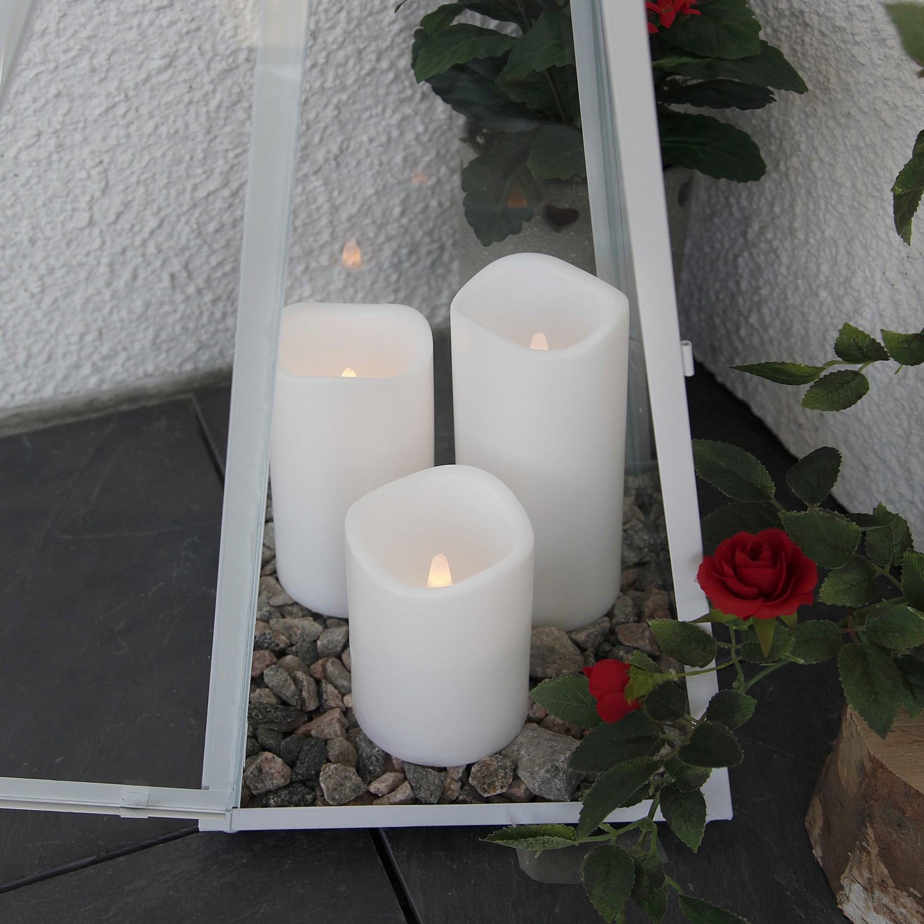 Kerzen Set für außen - Weiß - Höhe: 11,5/ 15/ 18 cm - Batteriebetrieb - Timer - flackernd