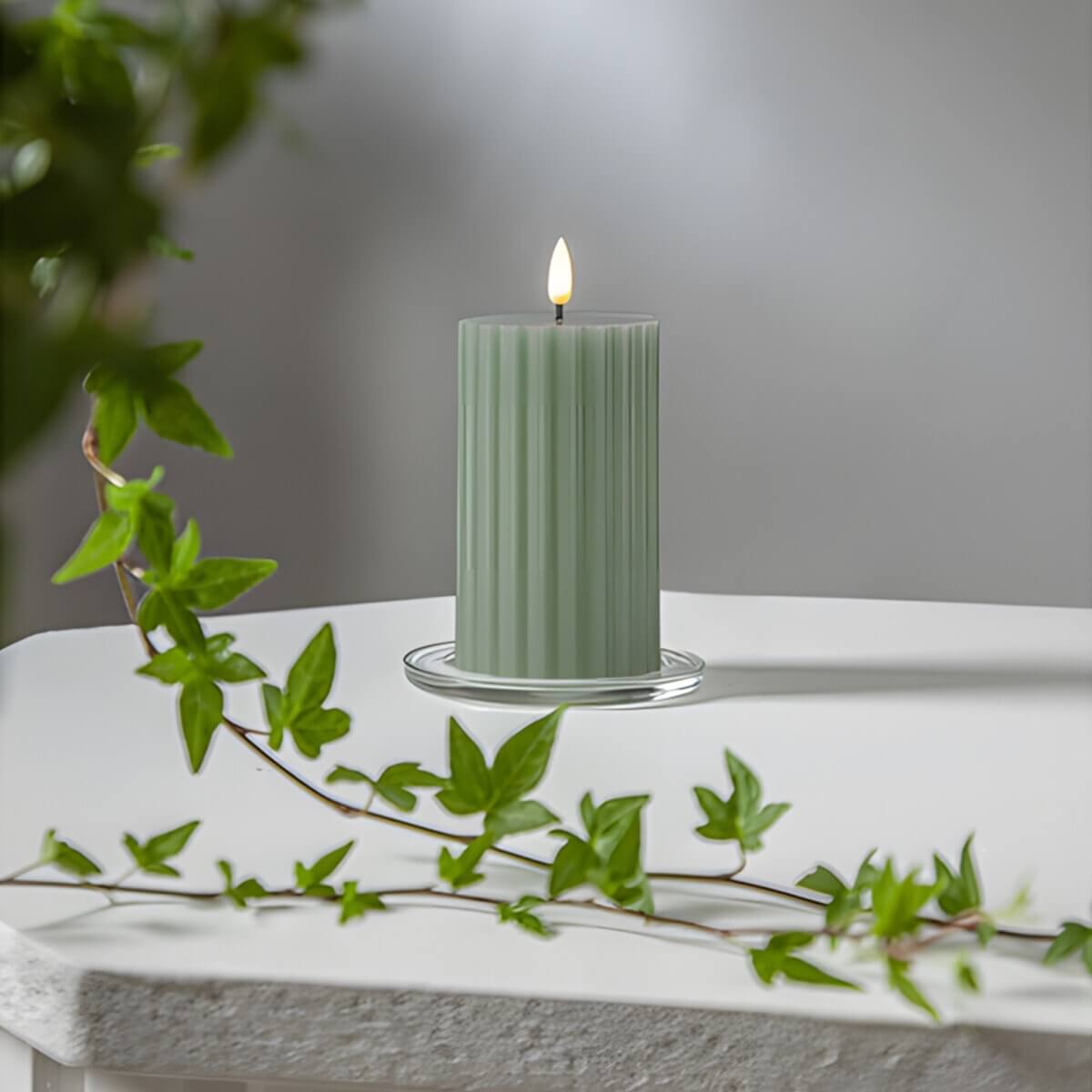 Flamme Stripe - Kerze für innen - Grün - Höhe: 15,0 cm - Batteriebetrieb - Timer - flackernd