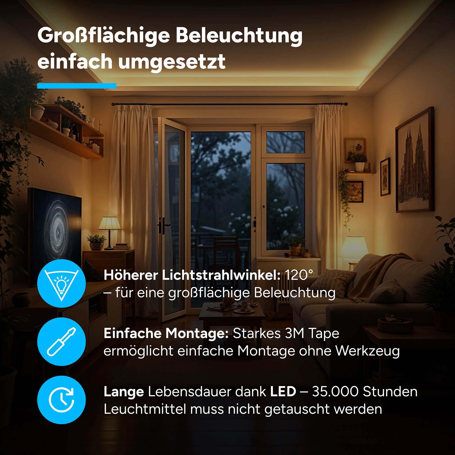24V LED Streifen Set, 500 cm, Lichtfarbe warmweiß, mit Netzteil und weißer Fernbedienung
