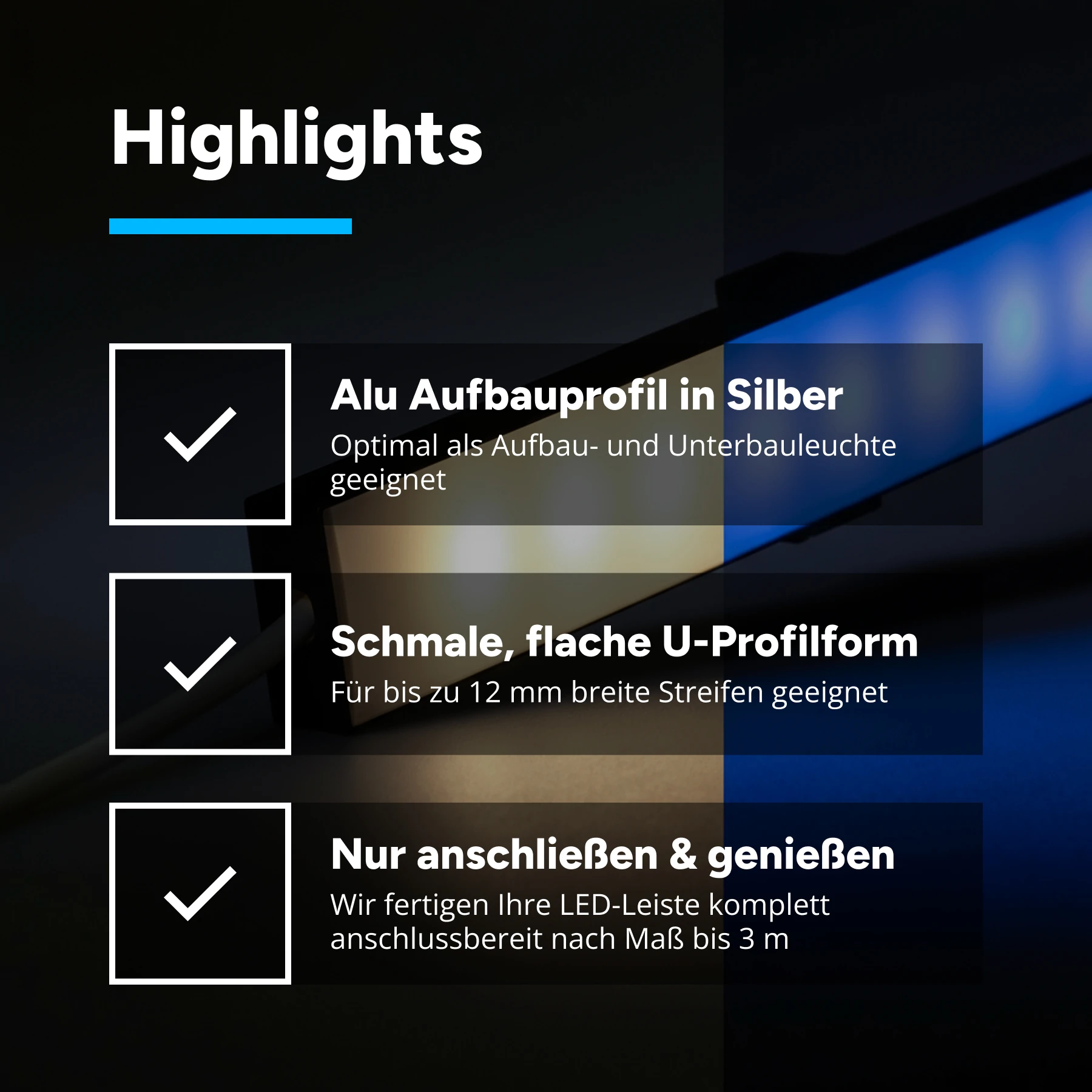 24V Slim-Line Aluminium LED Leiste - RGBWW - diffuse Abdeckung - bis 3m Länge - 33cm - 63 LEDs - 7,2 Watt - 504 Lumen - mit Ausgangskabel (zum Anschluss einer weiteren LED Leiste)