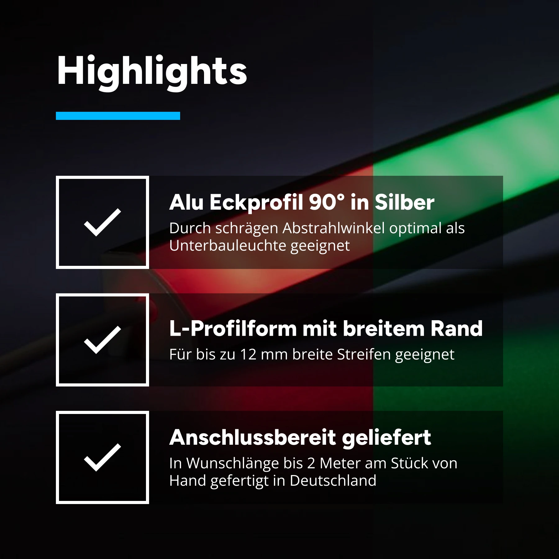 12V  Aluminium LED Eckleiste – RGB – diffuse Abdeckung -  33cm mit 18 SMD LEDs - 4,3 Watt 156 Lumen