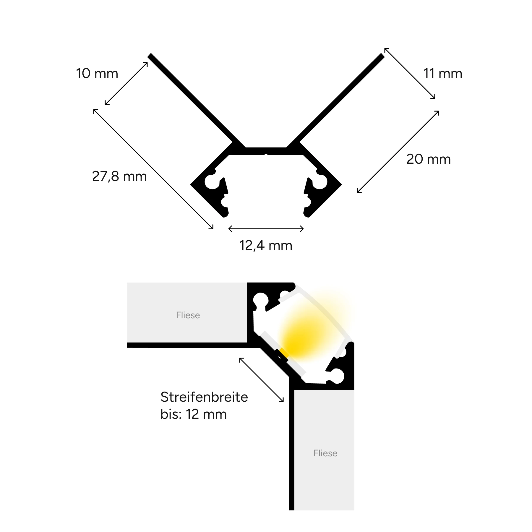 Aluminium LED Fliesenprofil, Außenecke, 2,8 x 1,0 x 15cm - ohne Abdeckung - ohne Endkappen