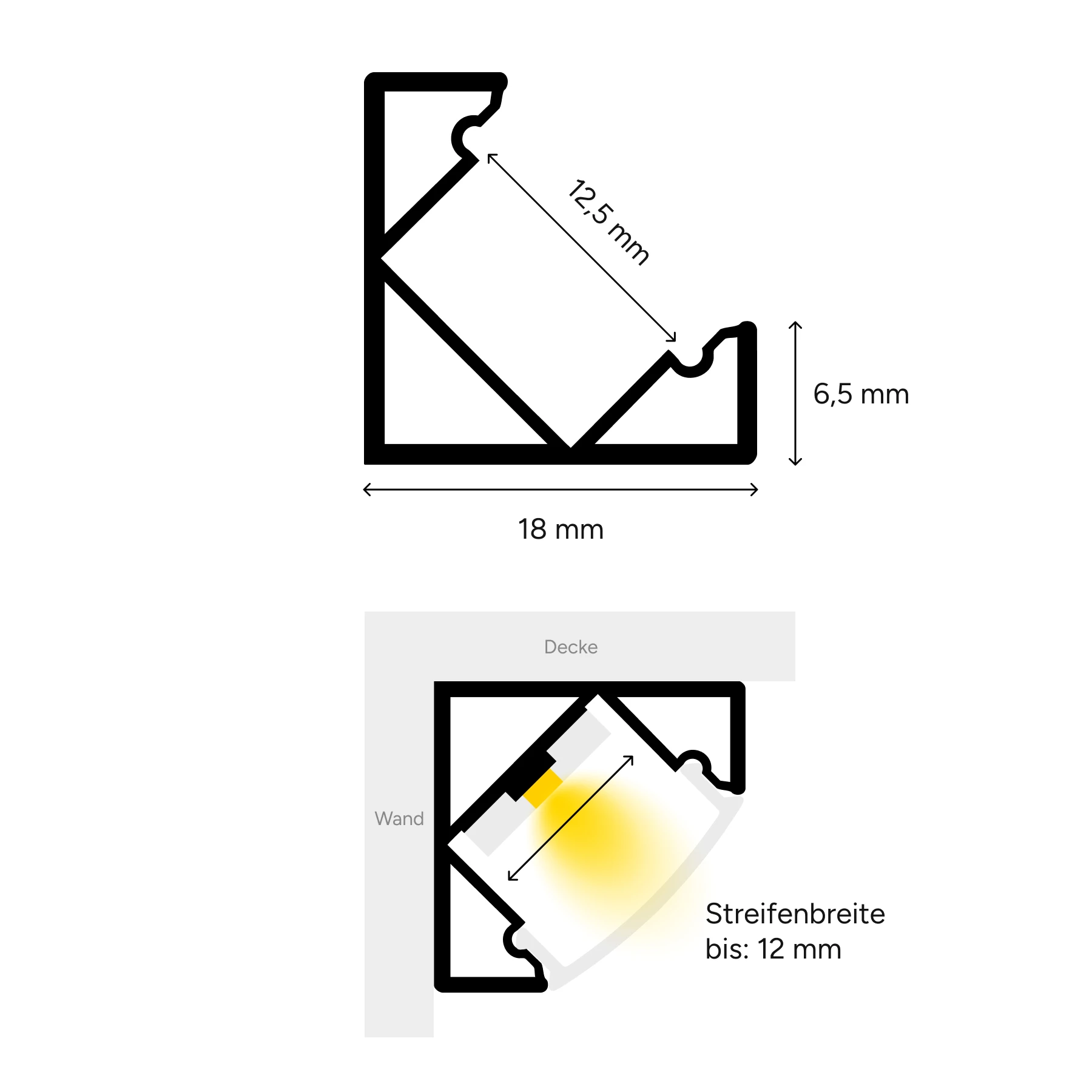 Aluminium LED Eck Profil, 90°, 1,85 x 1,85 x 50cm - mit diffuser Abdeckung - 2er Set - einseitig mit Loch