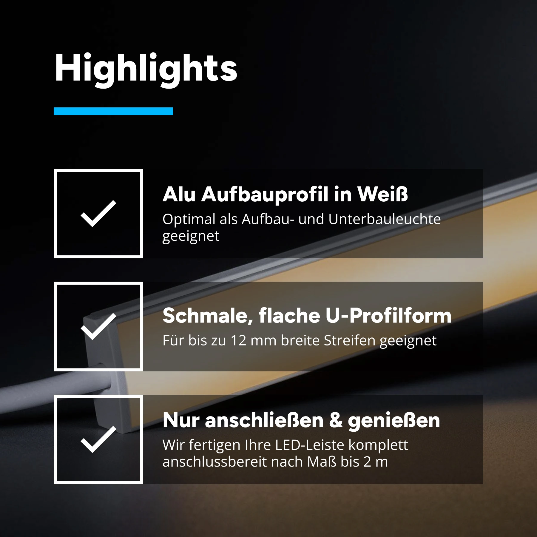 24V White Line Slim Aluminium LED Leiste - COB - warmweiß - diffuse Abdeckung - 33cm - 144 LED Chips - 4 Watt - 360 Lumen - kein Anschlußkabel zum Netzteil - mit Ausgangskabel (zum Anschluss einer weiteren LED Leiste)