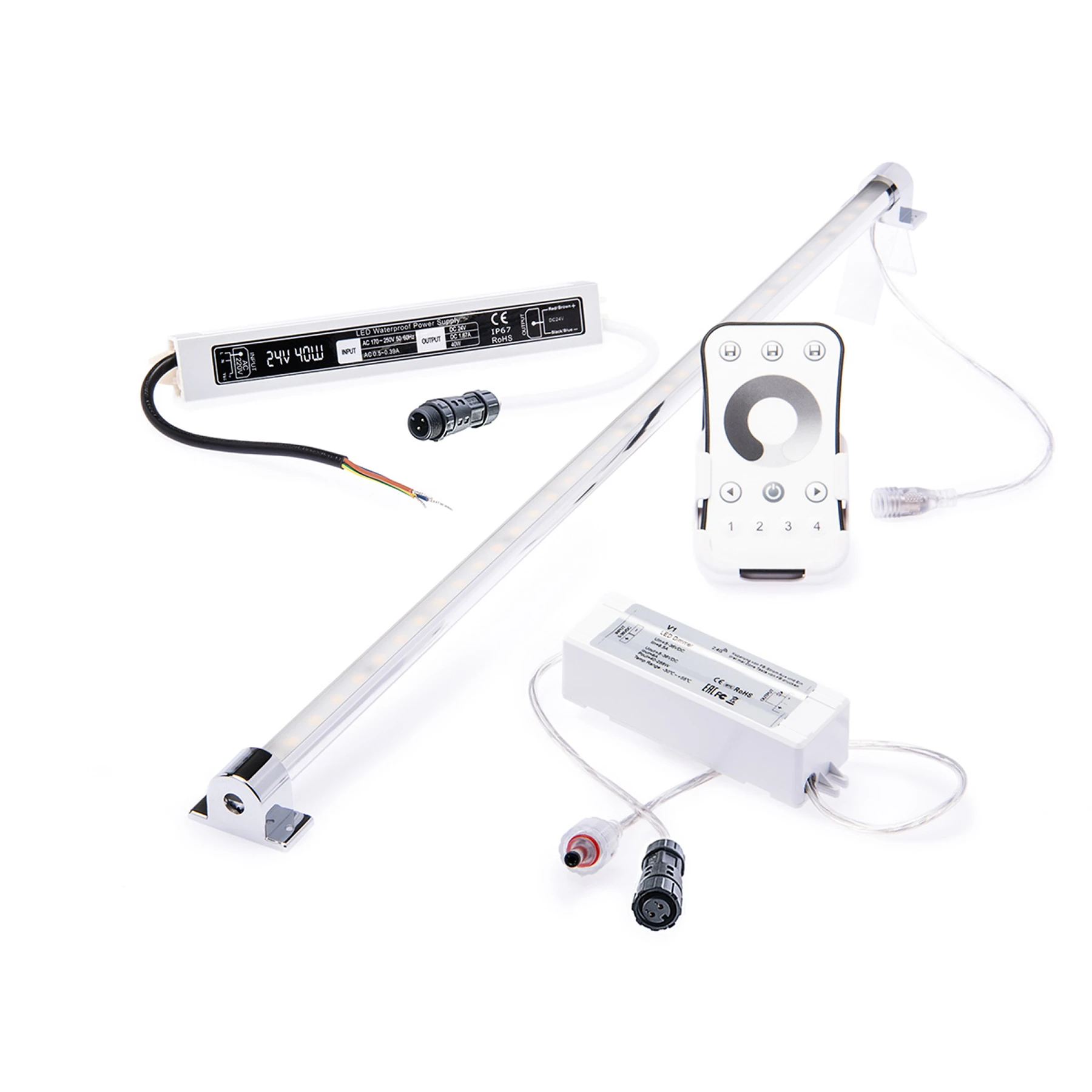 wasserfestes 24V LED Leisten Set mit Fernbedienung und Netzteil, 100cm Länge, Lichtfarbe weiß, IP65