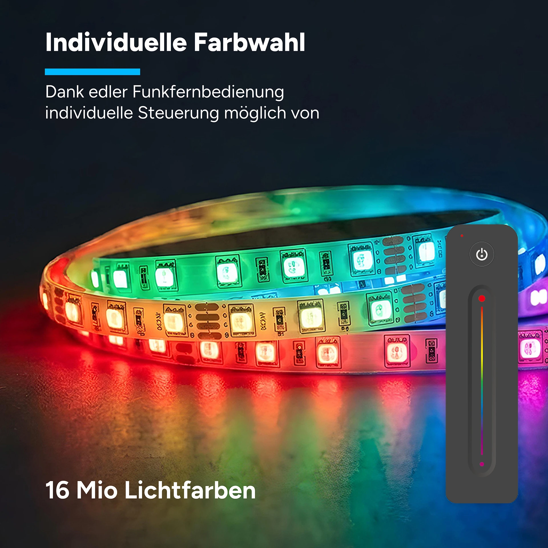 24V LED Streifen Set, 500 cm, Lichtfarbe RGB, mit Netzteil und schwarzer Fernbedienung