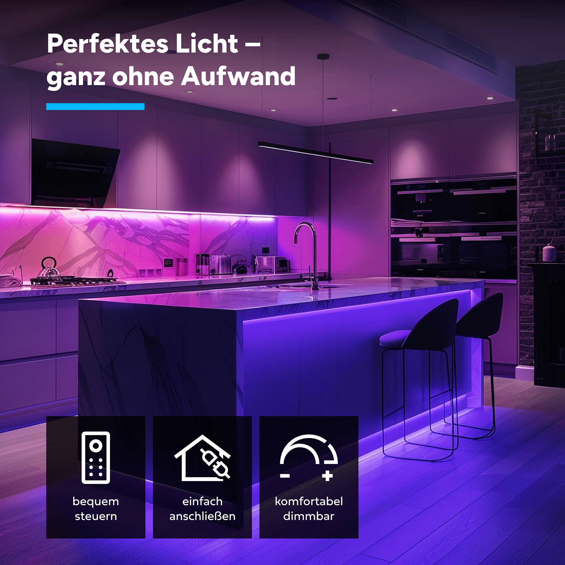 24V LED Streifen Set, 500 cm, Lichtfarbe RGB, mit Netzteil und schwarzer Fernbedienung