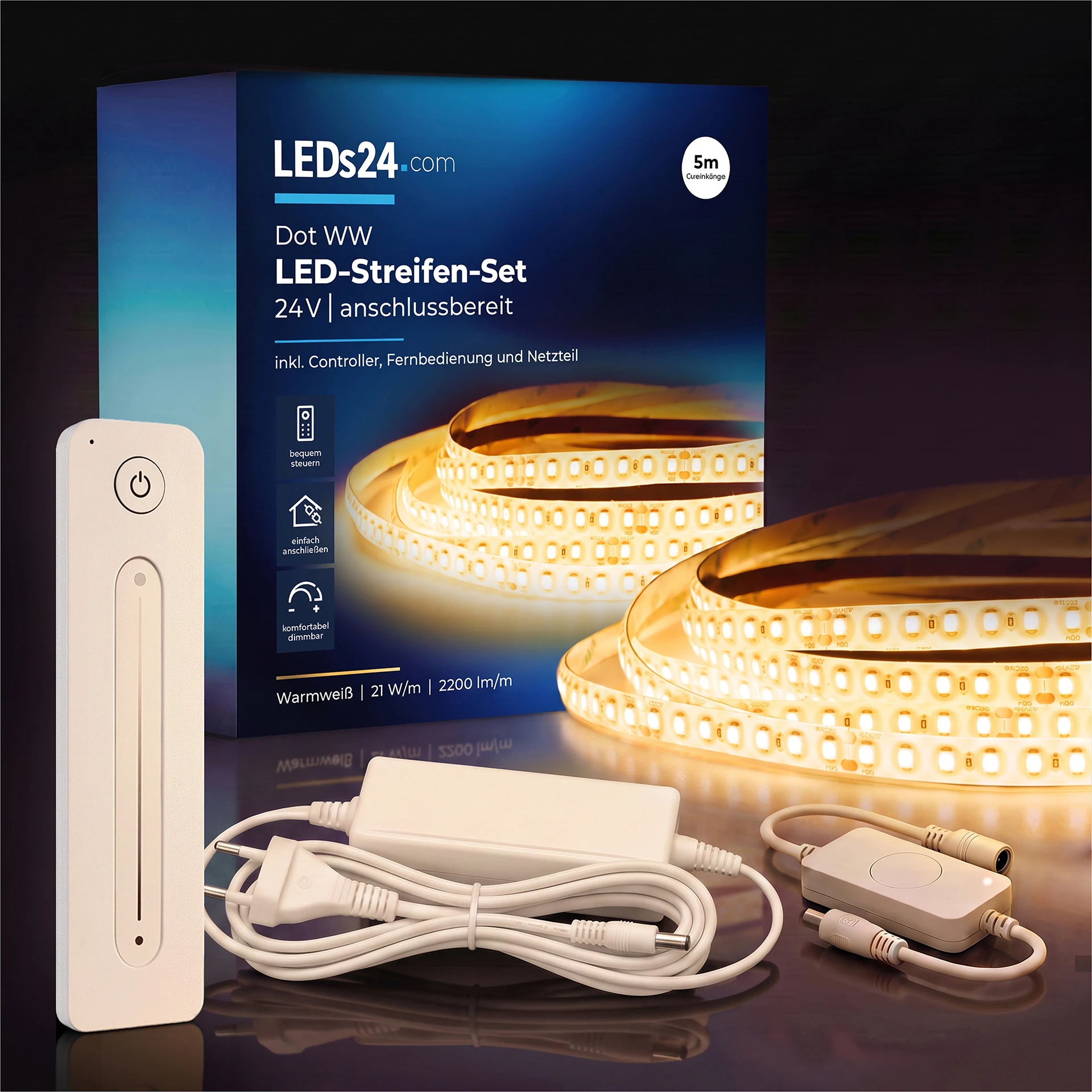 24V LED Streifen Set, 500 cm, Lichtfarbe warmweiß, mit Netzteil und weißer Fernbedienung