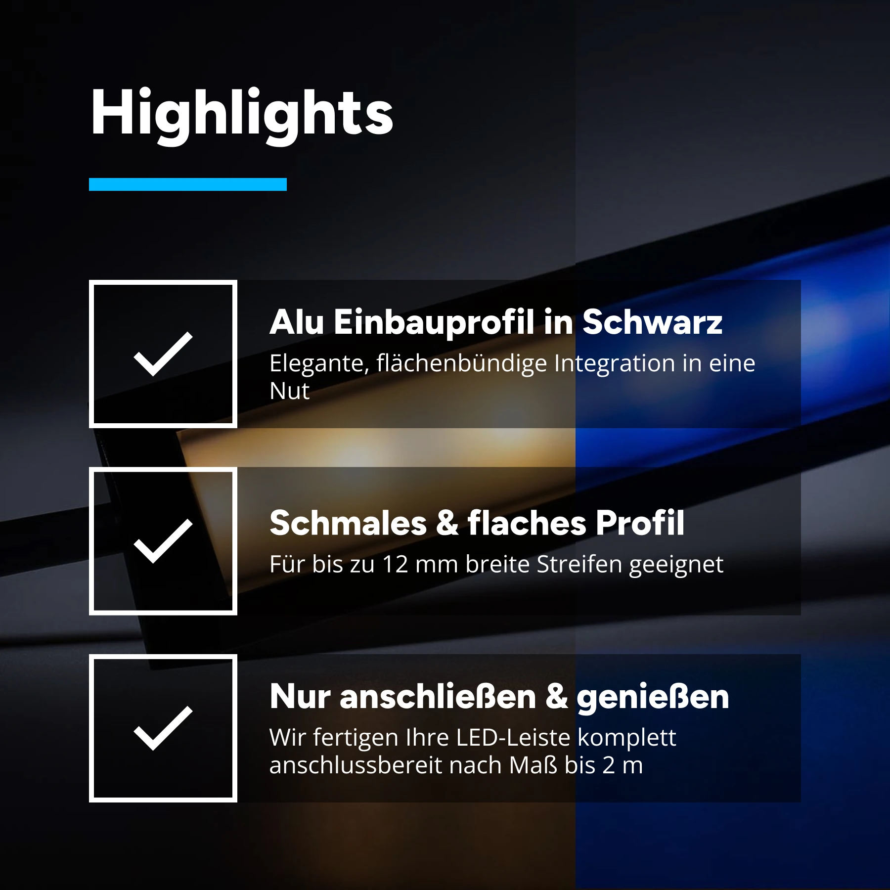 24V Black Line Einbau LED Leiste schmal - RGBWW (RGB + warmweiß) - schwarze Abdeckung - 33cm mit 18 LEDs - 4 Watt - 360 Lumen