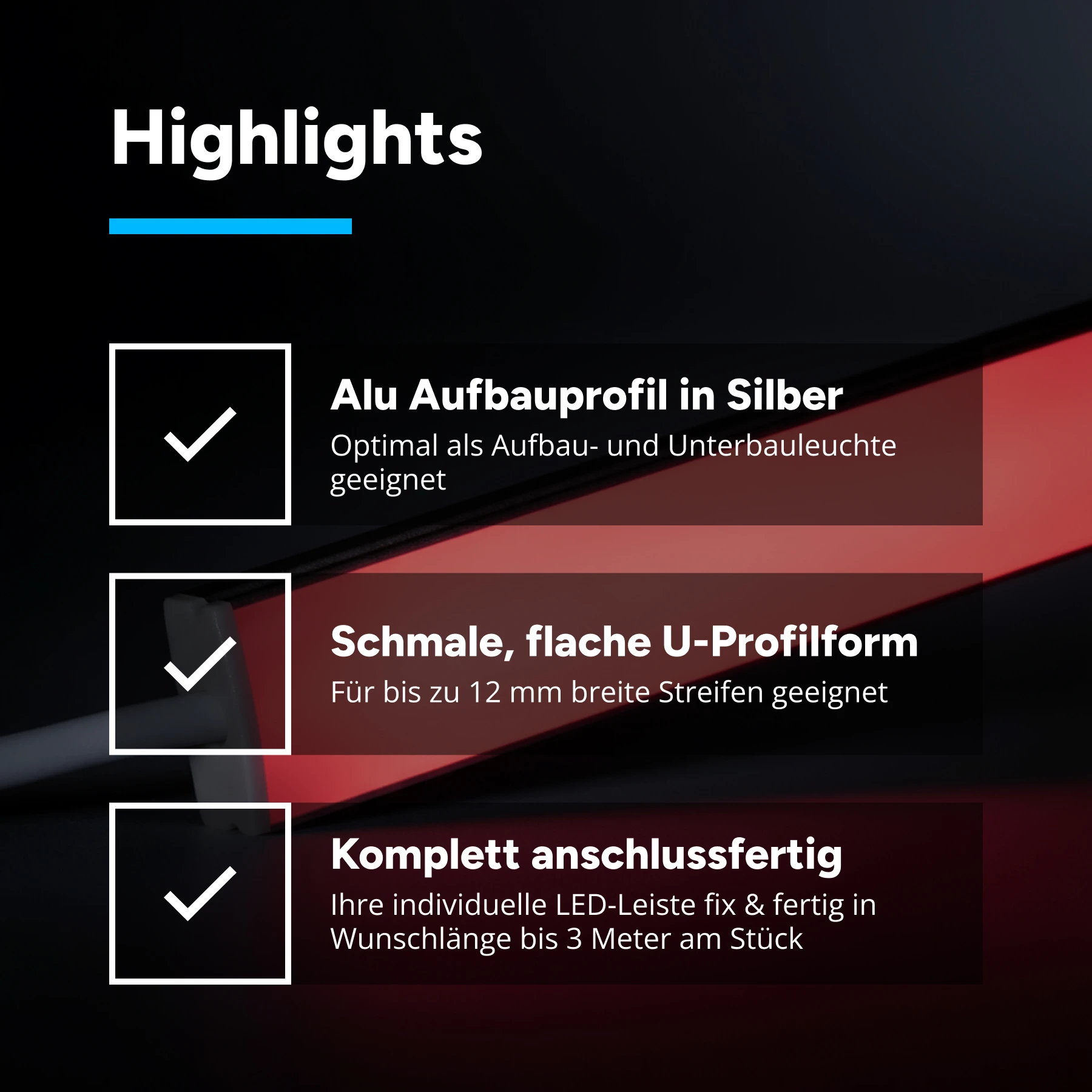 24V Slim-Line Aluminium LED Leiste - rot - diffuse Abdeckung - kein Anschlußkabel zum Netzteil - mit Ausgangskabel ( zum Anschluss einer weiteren LED- Leiste ) - 33cm - 42 LEDS - 4,7 Watt