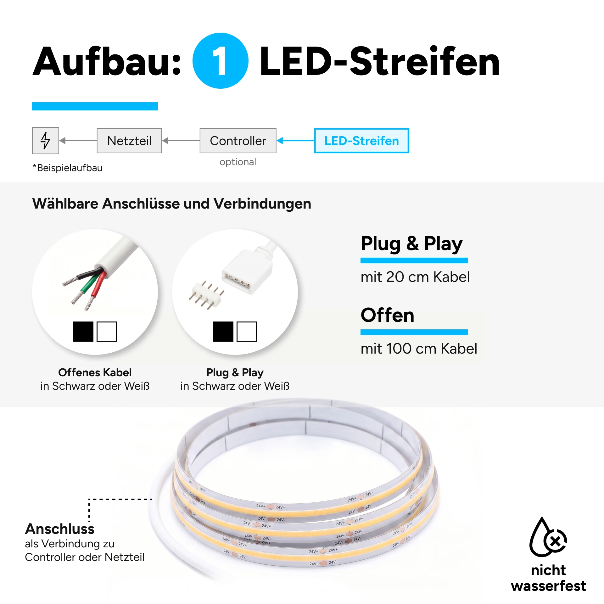 24V COB LED Streifen - Farbtemperatur einstellbar - 608 LEDs je Meter - alle 2,6 cm teilbar - 42,1 cm - 256 LEDs - 4,6 Watt - 463 Lumen