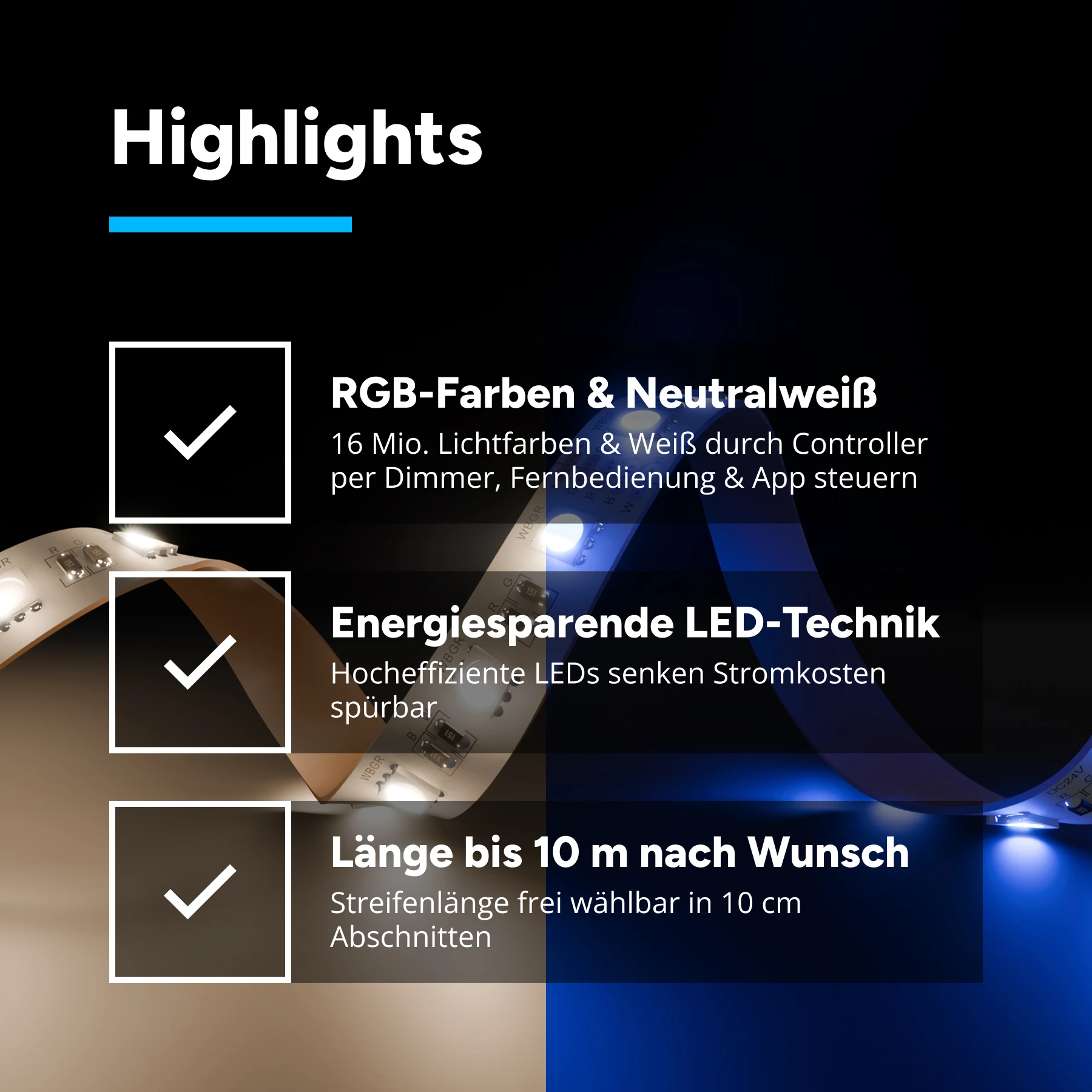 24V LED Streifen – RGBW – 60 LEDs je Meter – alle 10cm teilbar - 10cm - 6 LEDs - 2 Watt  - 120 Lumen - ohne Steckerbuchsen 5polig