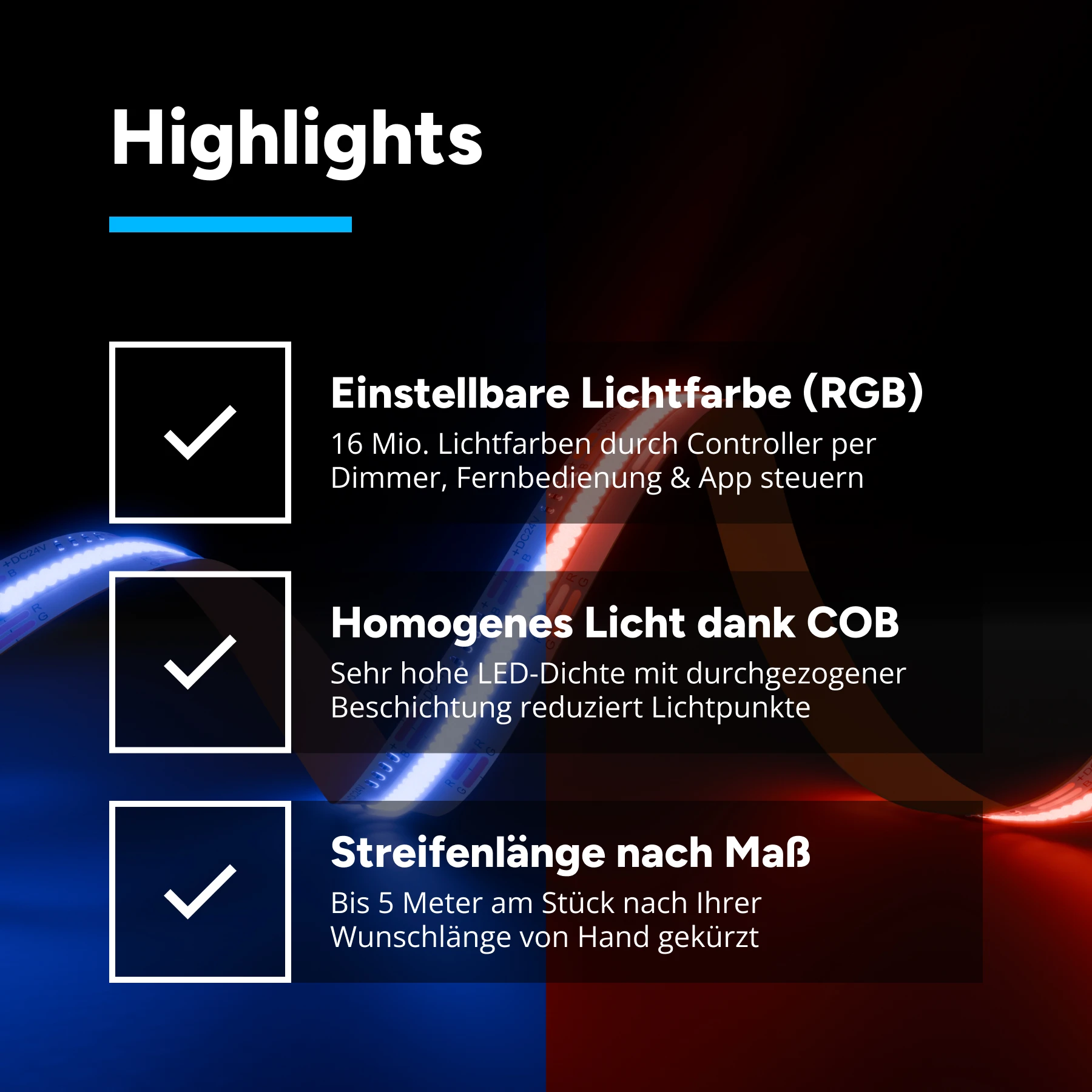 24V COB LED Streifen - RGB - alle 1,85cm teilbar - 1134 LED Chips pro Meter - 5,56cm - 63 LED Chips - 1 Watt - ohne Eingangskabel - Löten erforderlich