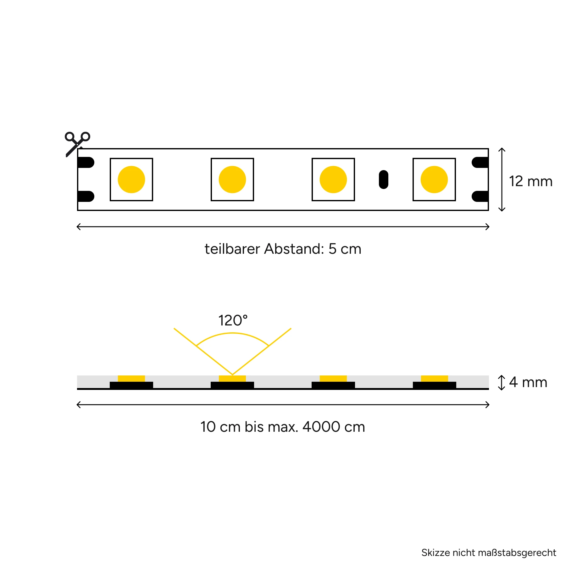 48V wasserfester LED Streifen - warmweiß - IP65 - 80 LEDs je Meter - alle 5cm teilbar - 2575cm - 2060 LED Chips - 164,8 Watt - 14060 Lumen - 10cm Eingangskabel mit offenen Enden