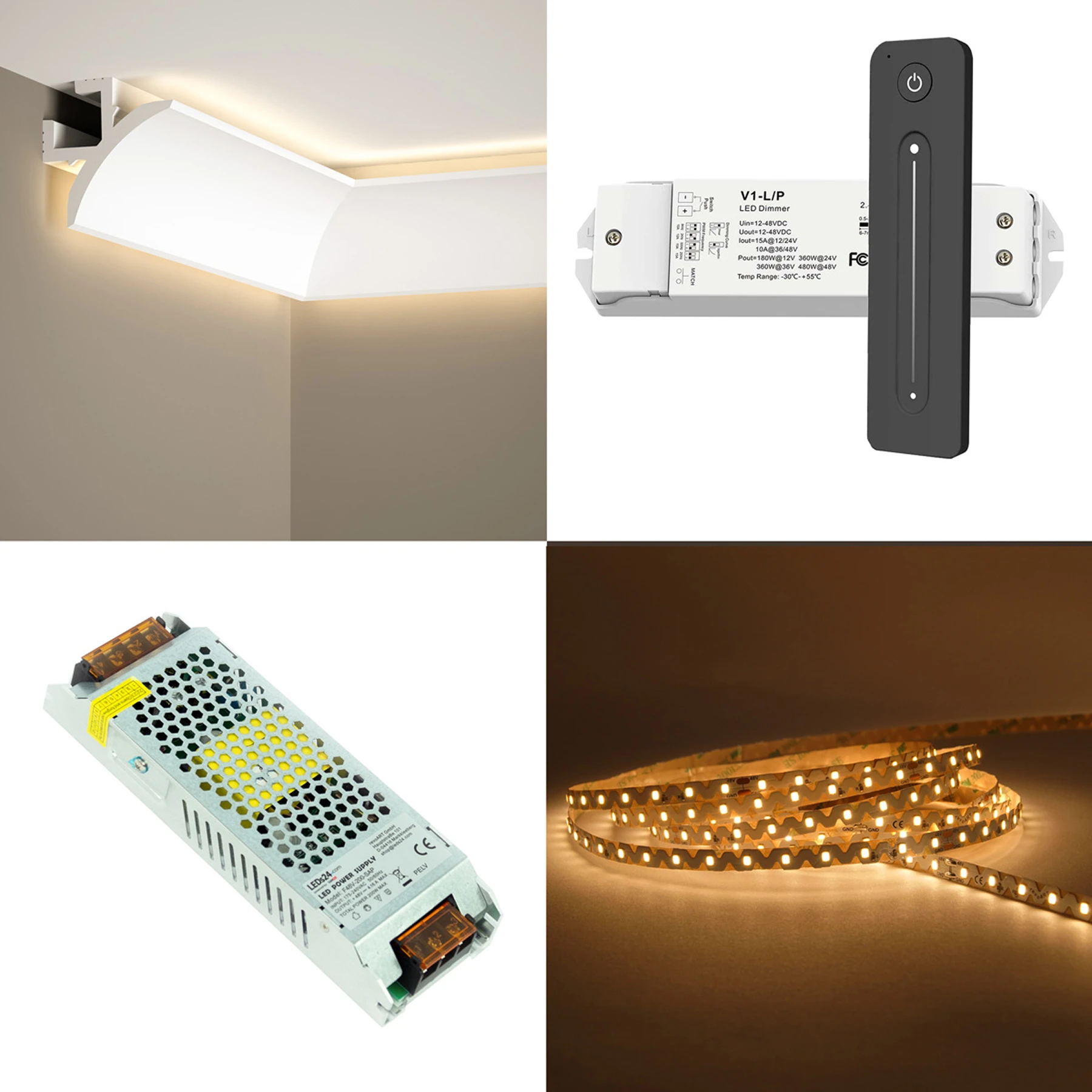Lichtvouten Set, Dekorleiste, Stuckprofil mit 48V LED Streifen, Fernbedienung und Netzteil - 4 Meter fortlaufend - Warmweiß 2700K