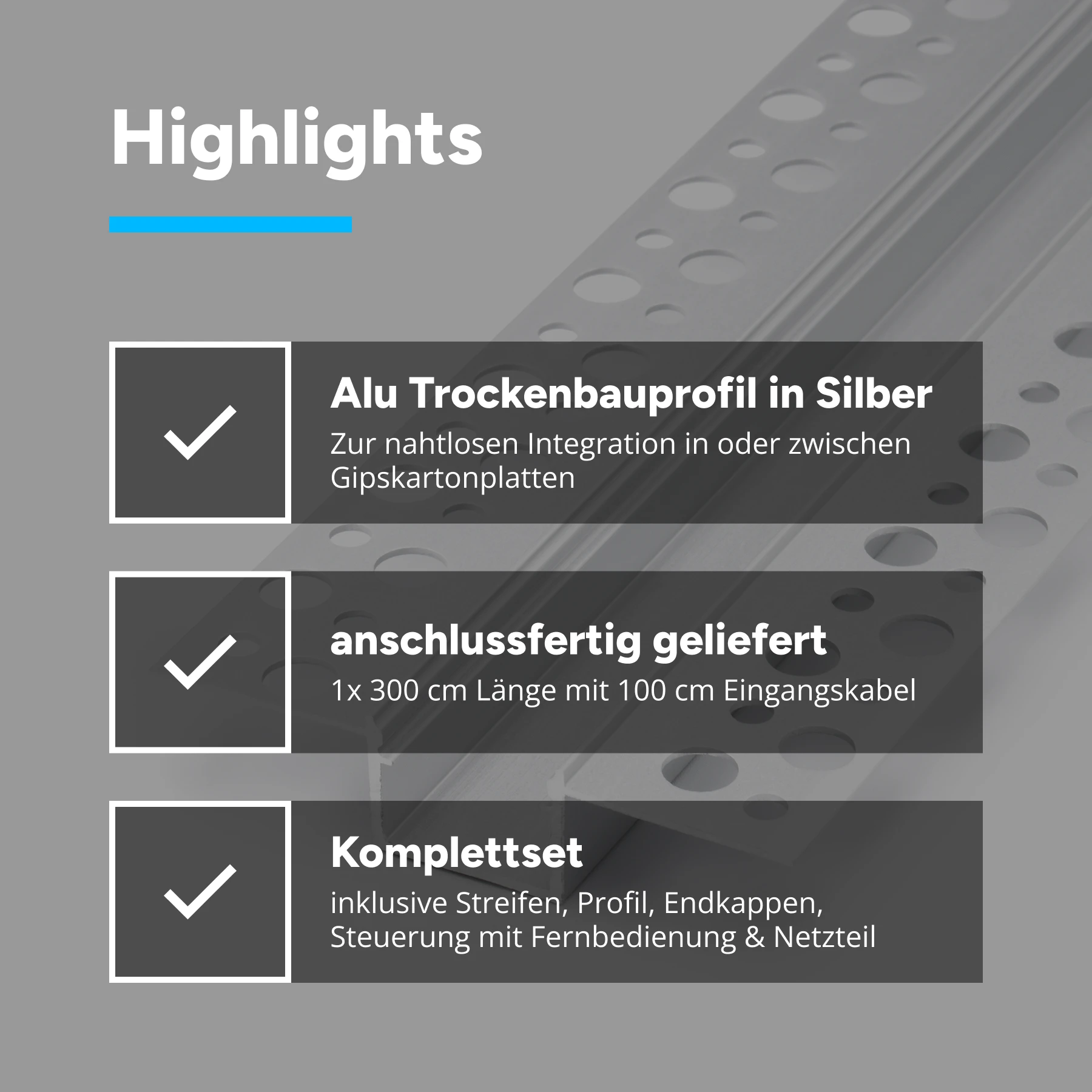3m Aluminium Unterputz Profil mit 24V COB LED Streifen, Drywall Slim - Weiß variabel - 2700K - 6000K - ohne Netzteil und ohne Fernbedienung