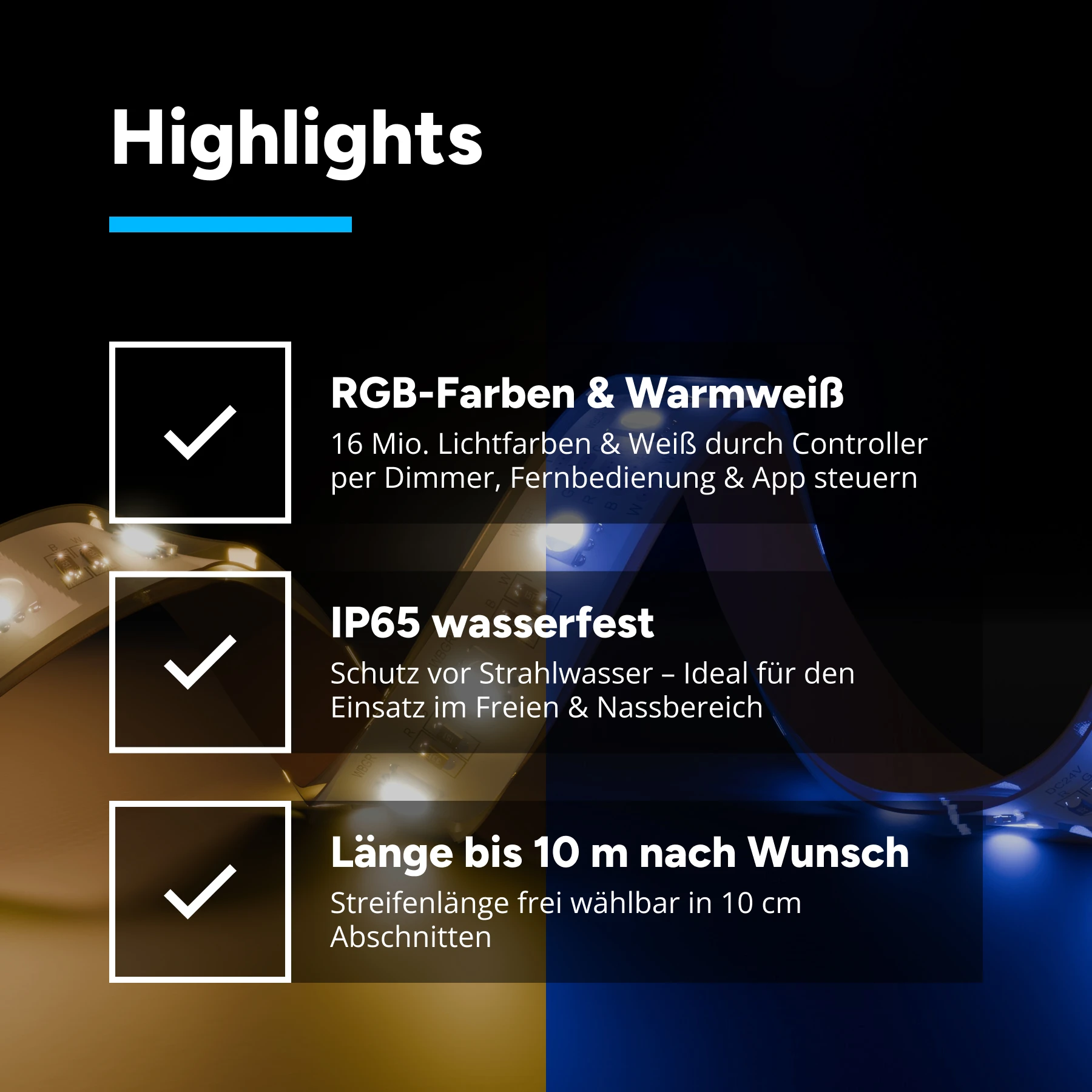 24V wasserfester LED Streifen - RGBWW - IP65 - 60 LEDs je Meter - alle 10cm teilbar - 10cm - 6 LED Chips - 1,4 Watt - 120 Lumen - 15cm Eingangskabel mit offenen Enden