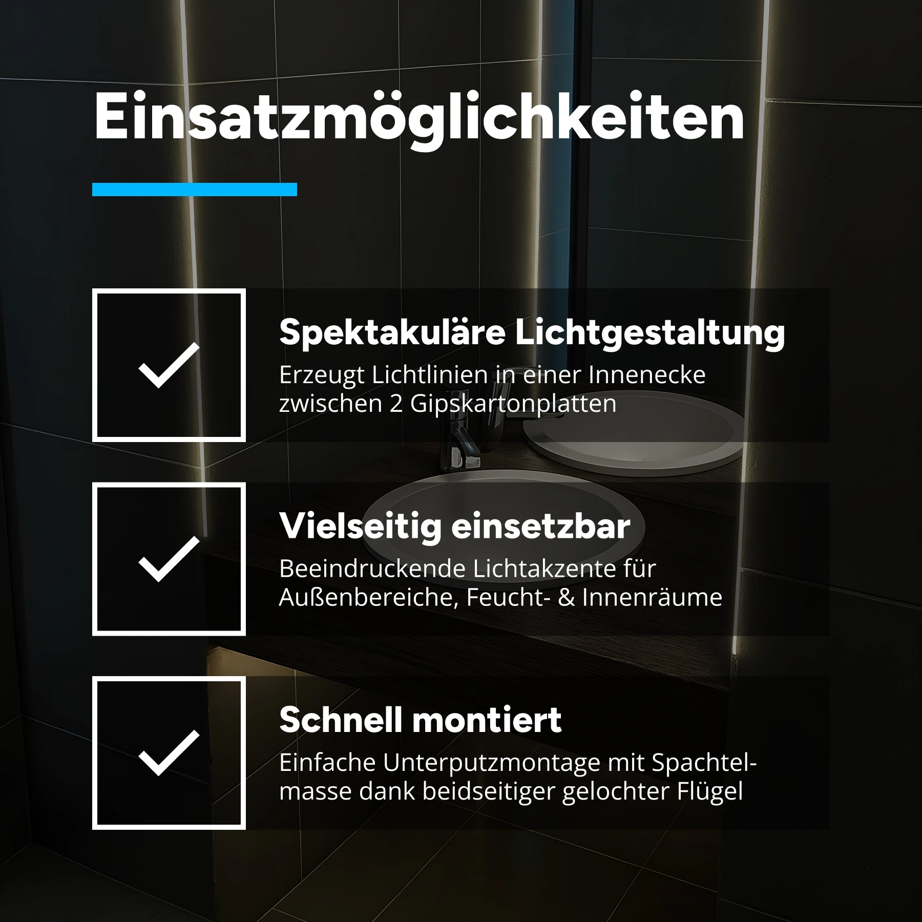 Aluminium LED Unterputz Profil, Trockenbau, Innenecke, 4,6 x 2,4 x 15cm - ohne Abdeckung - ohne Endkappen
