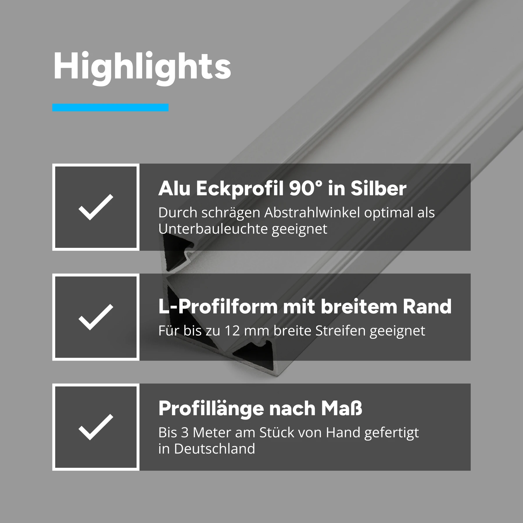 Aluminium LED Eck Profil, 90°, 1,85 x 1,85 x 50cm - mit diffuser Abdeckung - 2er Set - einseitig mit Loch