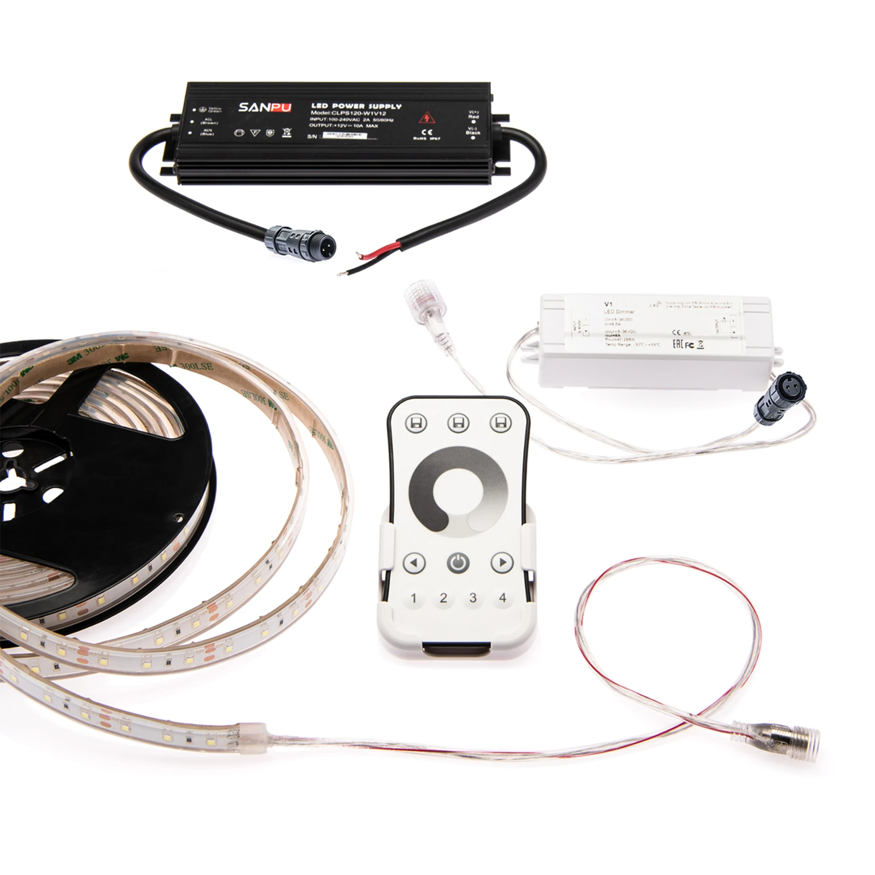 wasserfestes 12V LED Streifen Set mit Fernbedienung und Netzteil, 500cm Länge, Lichtfarbe weiß, IP67 mit Steckdosen Netzteil