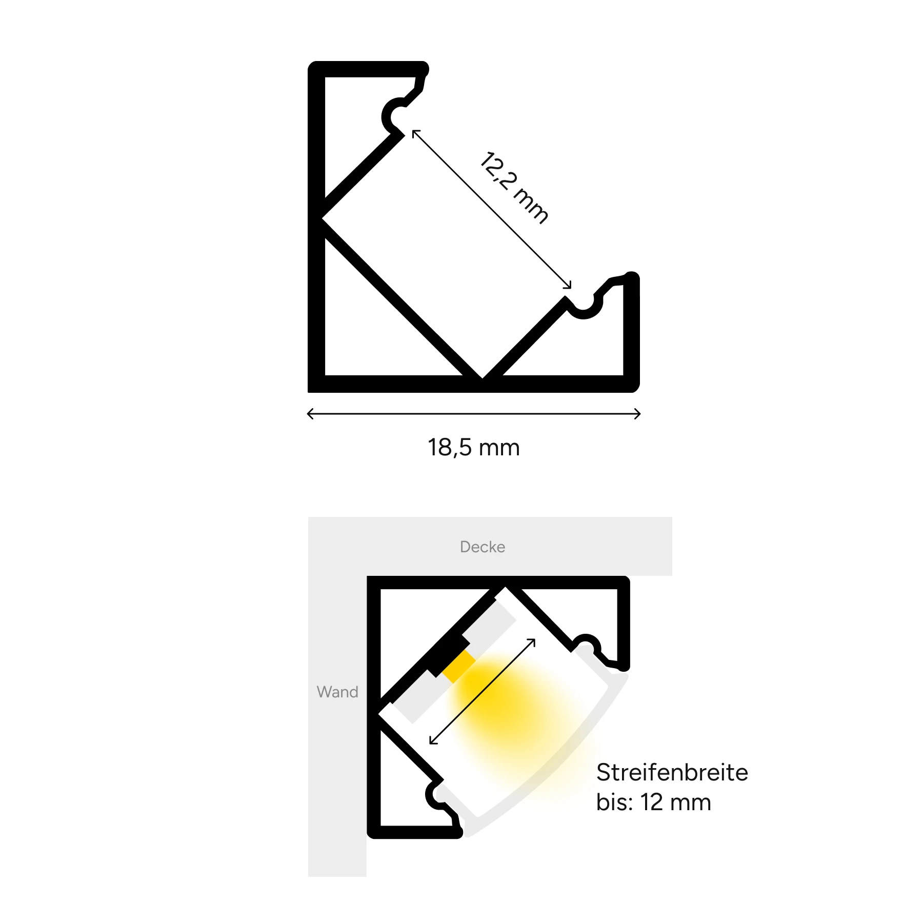 24V Aluminium LED Eckleiste - COB - Farbtemperatur einstellbar - diffuse Abdeckung - 33cm - 182 LED Chips - max. 6,6 Watt - 660 Lumen - mit Ausgangskabel (zum Anschluss einer weiteren LED Leiste)