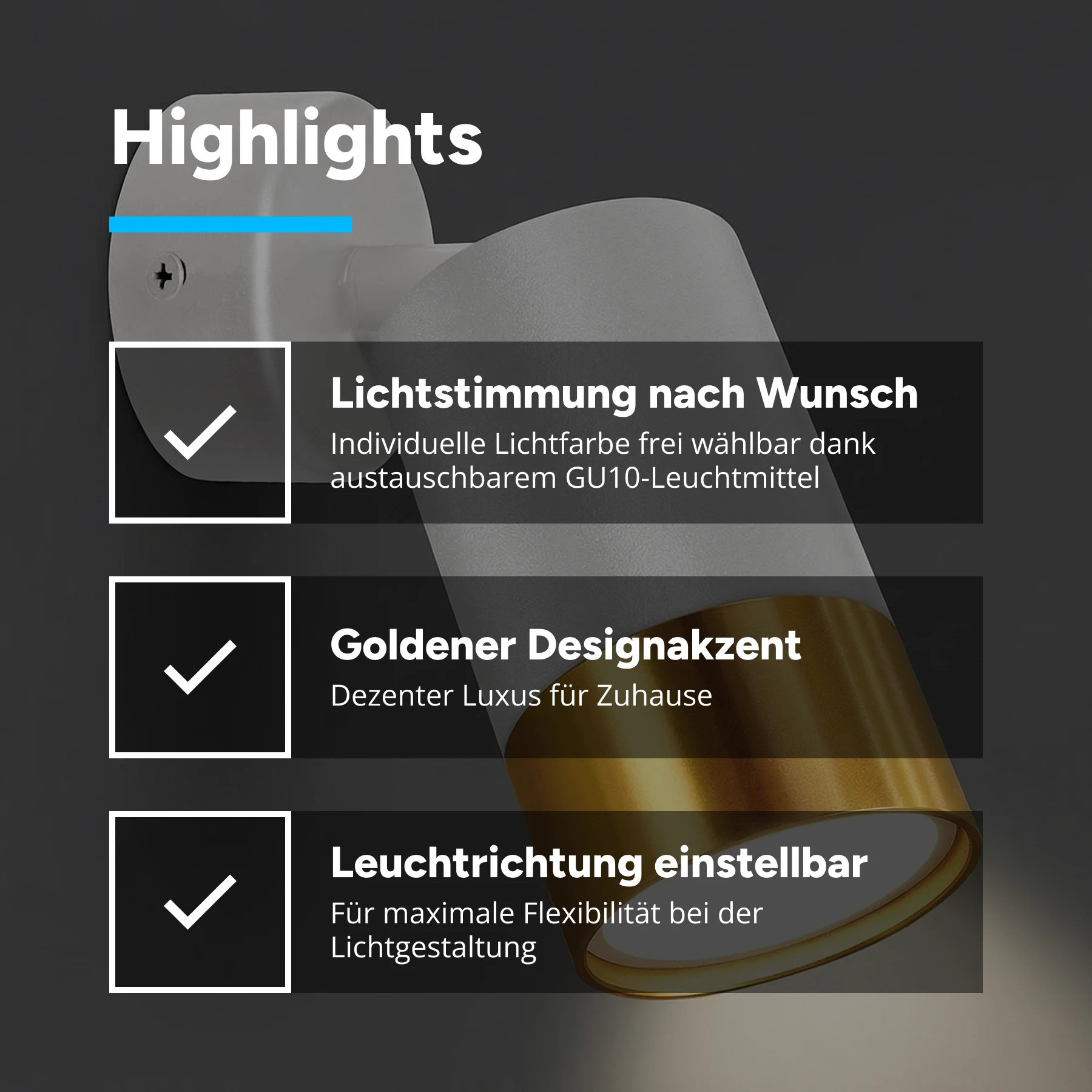 Decken Spotleuchte in weiss/gold - Lichtfarbe: individuell wählbar - ohne Leuchtmittel