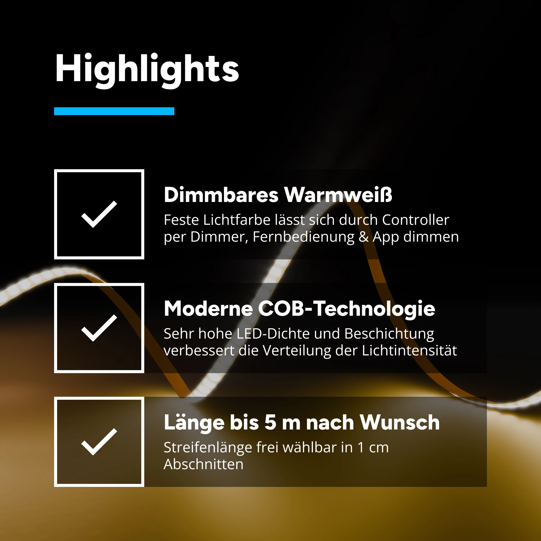 12V COB LED Streifen - warmweiß - alle 1cm teilbar - 3mm breit - 131cm - 524 LED Chips - 6,5 Watt - 550 Lumen - ohne Eingangskabel - Löten erforderlich