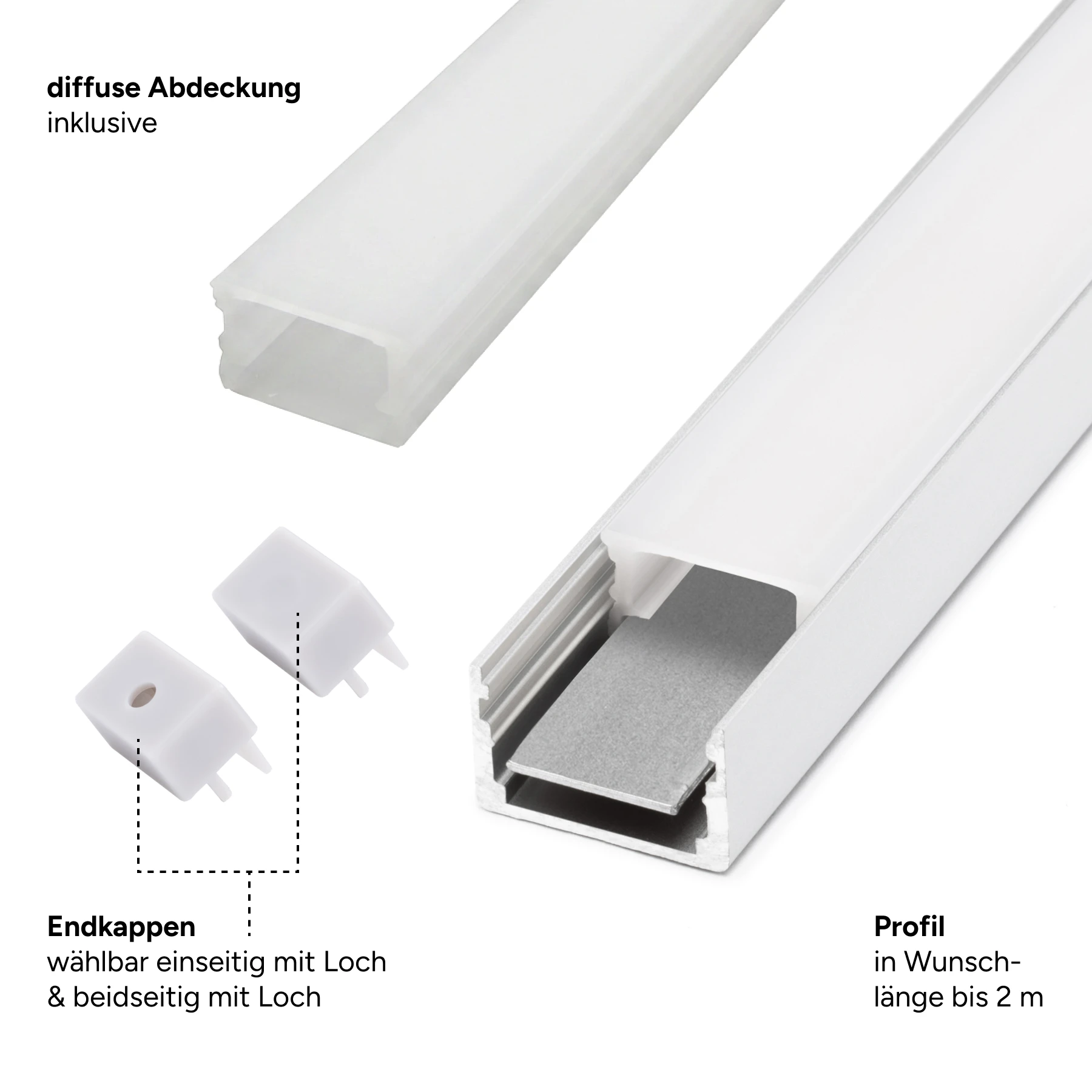 Aluminium LED Aufputz Profil, wasserfest, diffuse Abdeckung, 1,8 x 1,1 x 15cm - ohne Endkappen